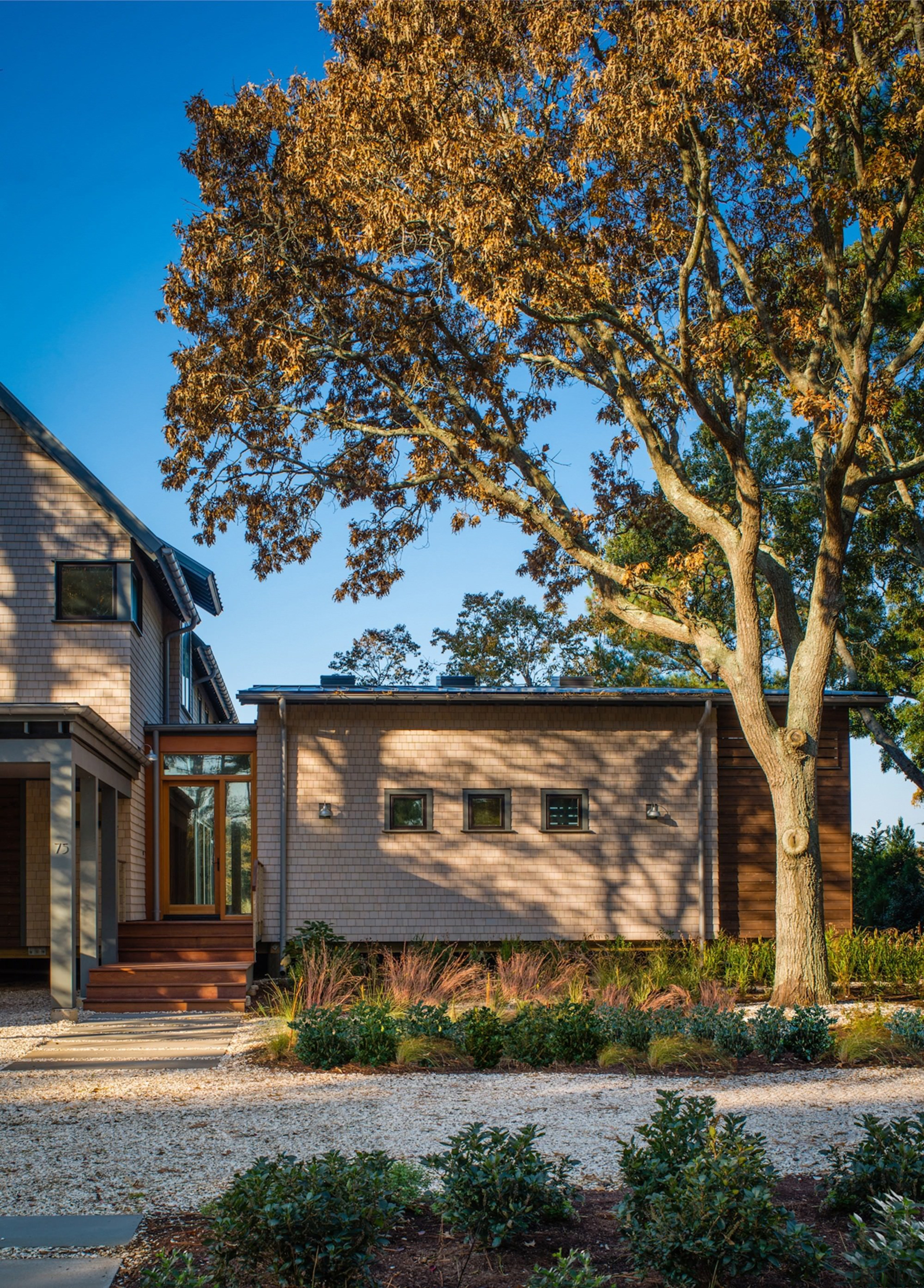 A large tree provides respite from the summer architecture, cottage, estate, facade, home, house, landscape, plant, property, real estate, residential area, siding, sky, tree, wood, brown