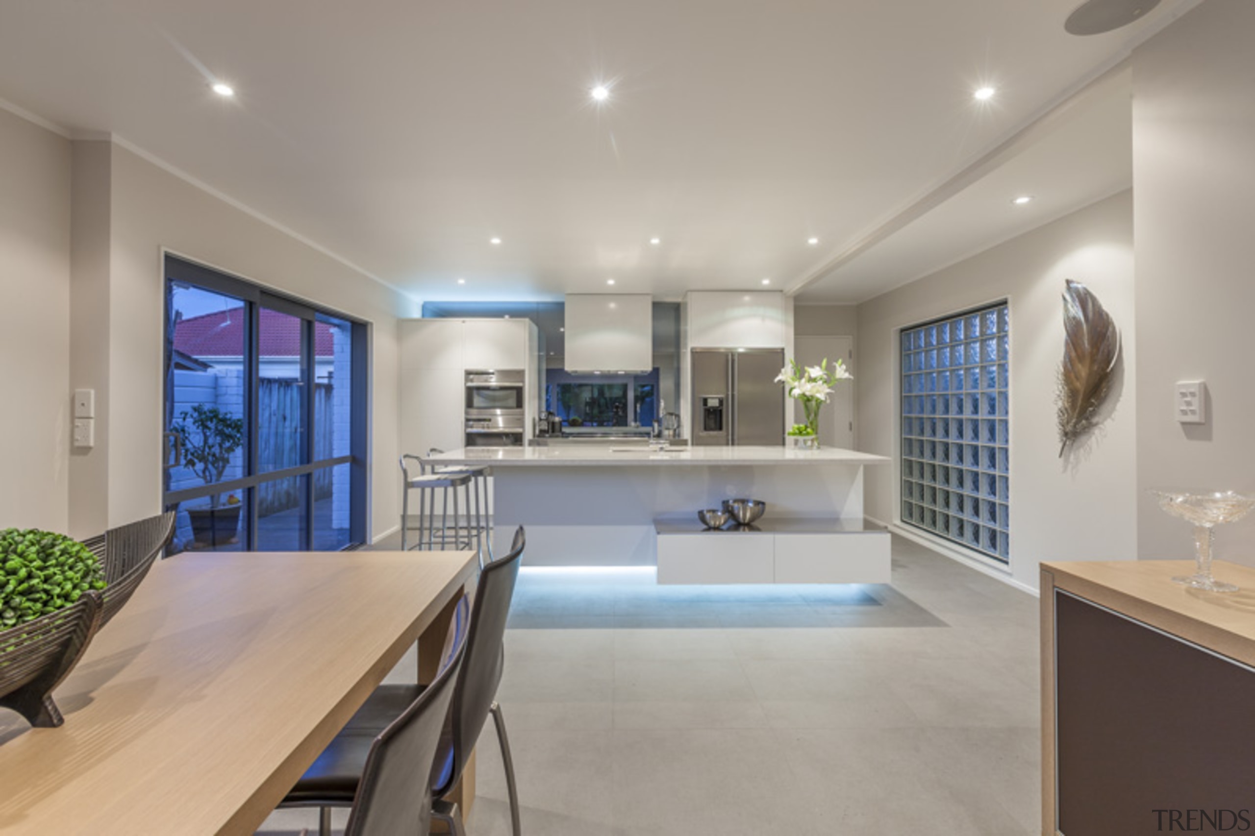 Stainless steel display shelf with cantilever drawers under architecture, ceiling, countertop, estate, interior design, kitchen, real estate, room, gray