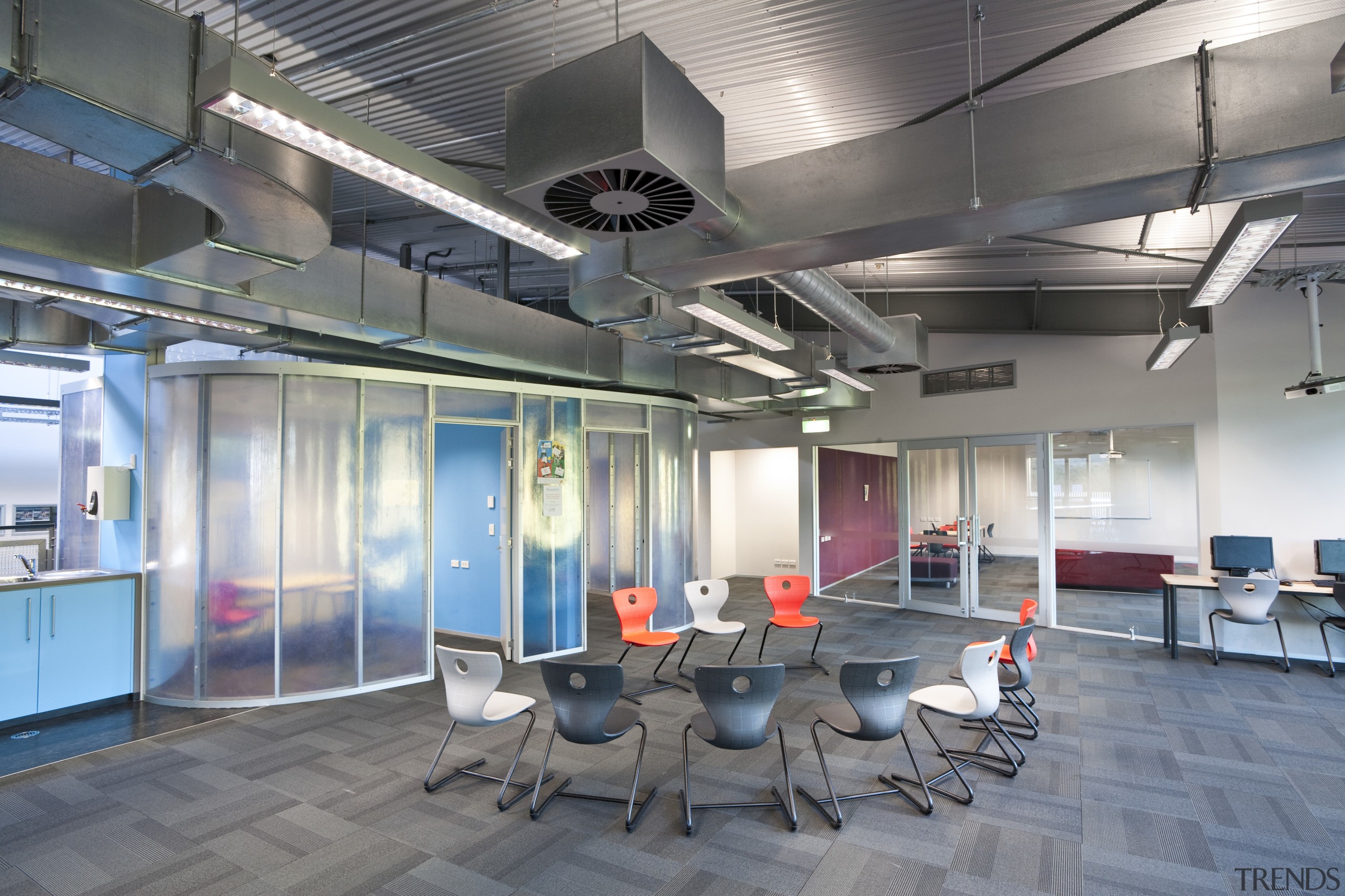 Interior view of this new high-school - Interior ceiling, interior design, lobby, office, gray