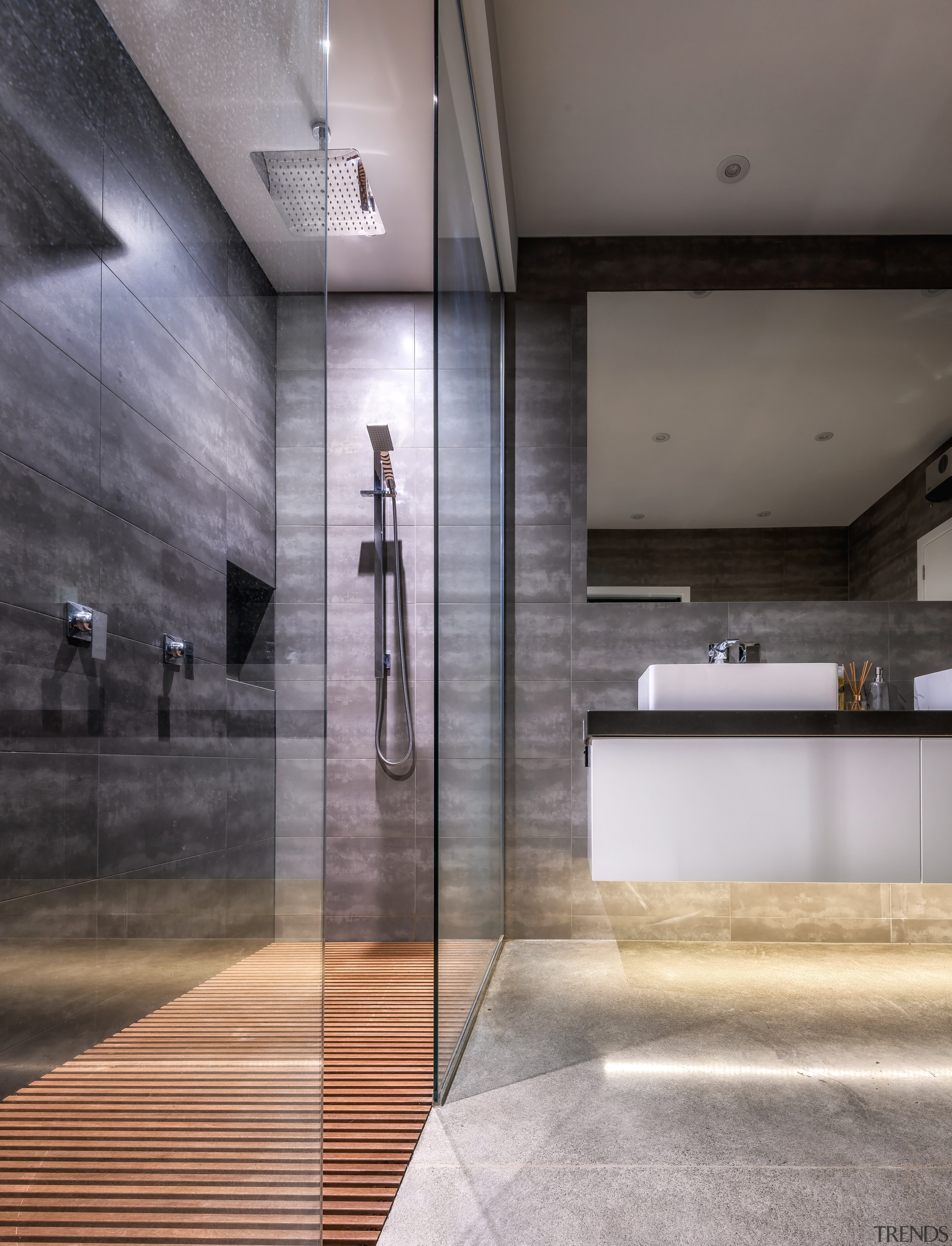 ​​​​​​​Lightly patterned grey tiles in this bathroom tie architecture, floor, flooring, interior design, Kirsty Davis, Master suite, walk in shower, double vanity