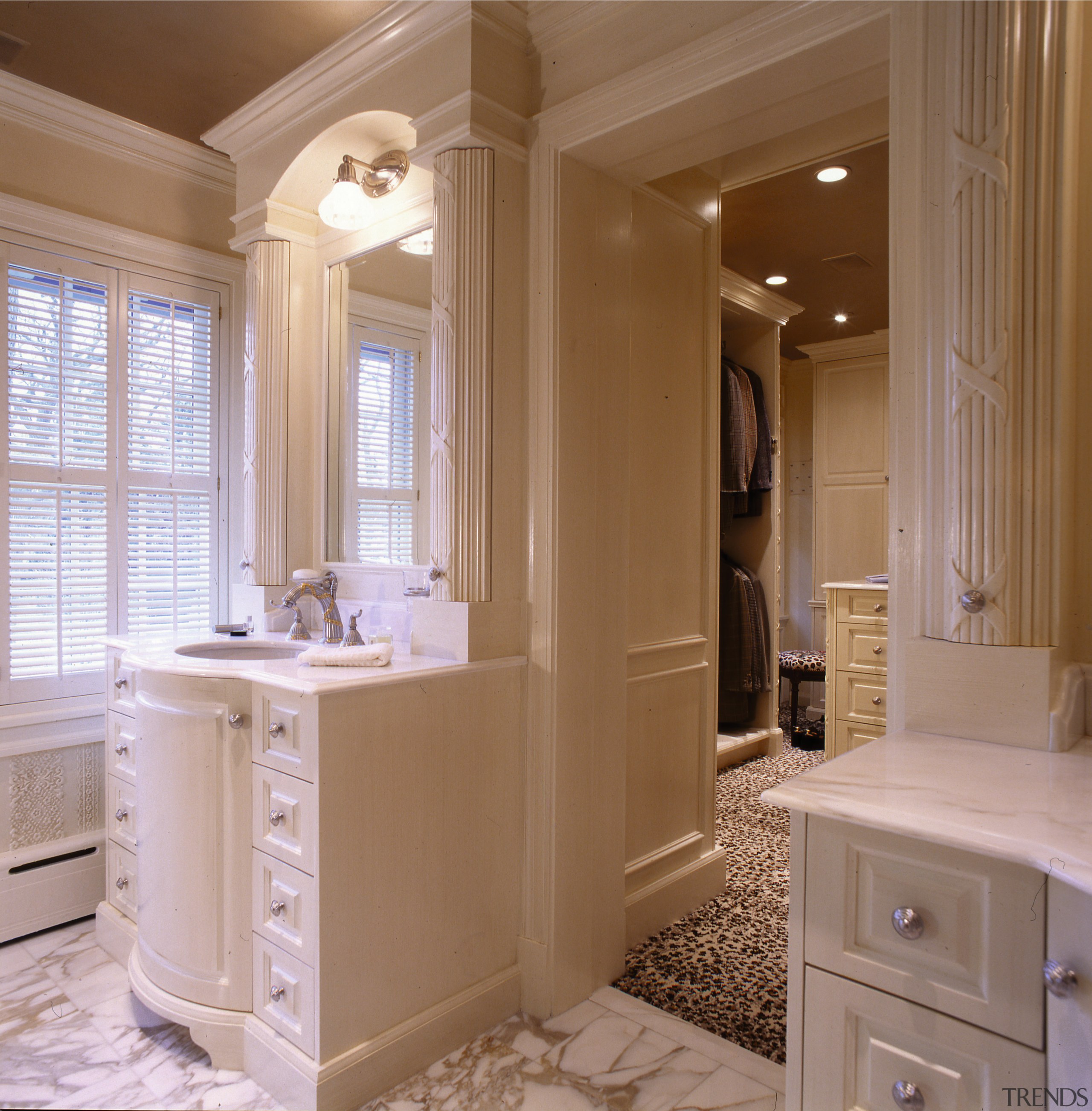 Interior view of bathroom - Interior view of bathroom, bathroom accessory, bathroom cabinet, cabinetry, countertop, floor, flooring, home, interior design, room, sink, window, brown, gray