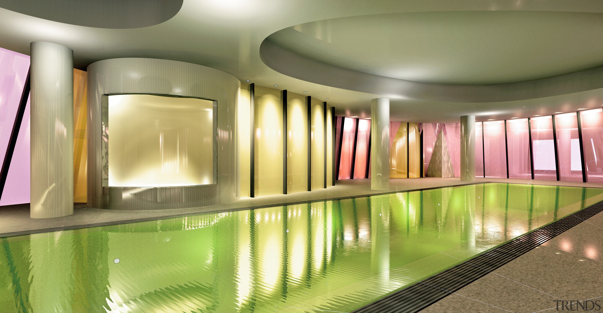 Indoor pool area with coloured glass panels. - architecture, ceiling, interior design, leisure centre, lobby, real estate, brown