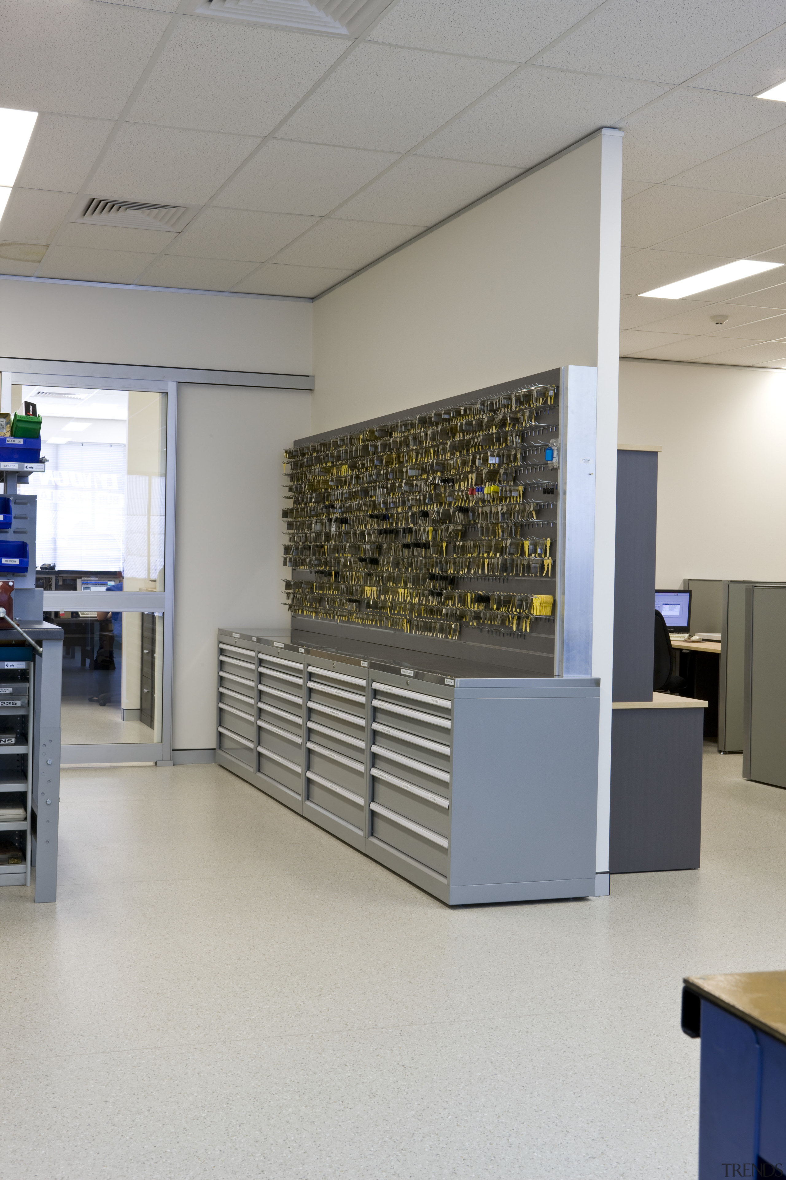 Image of one of the many storage facilities floor, furniture, institution, interior design, office, product design, gray