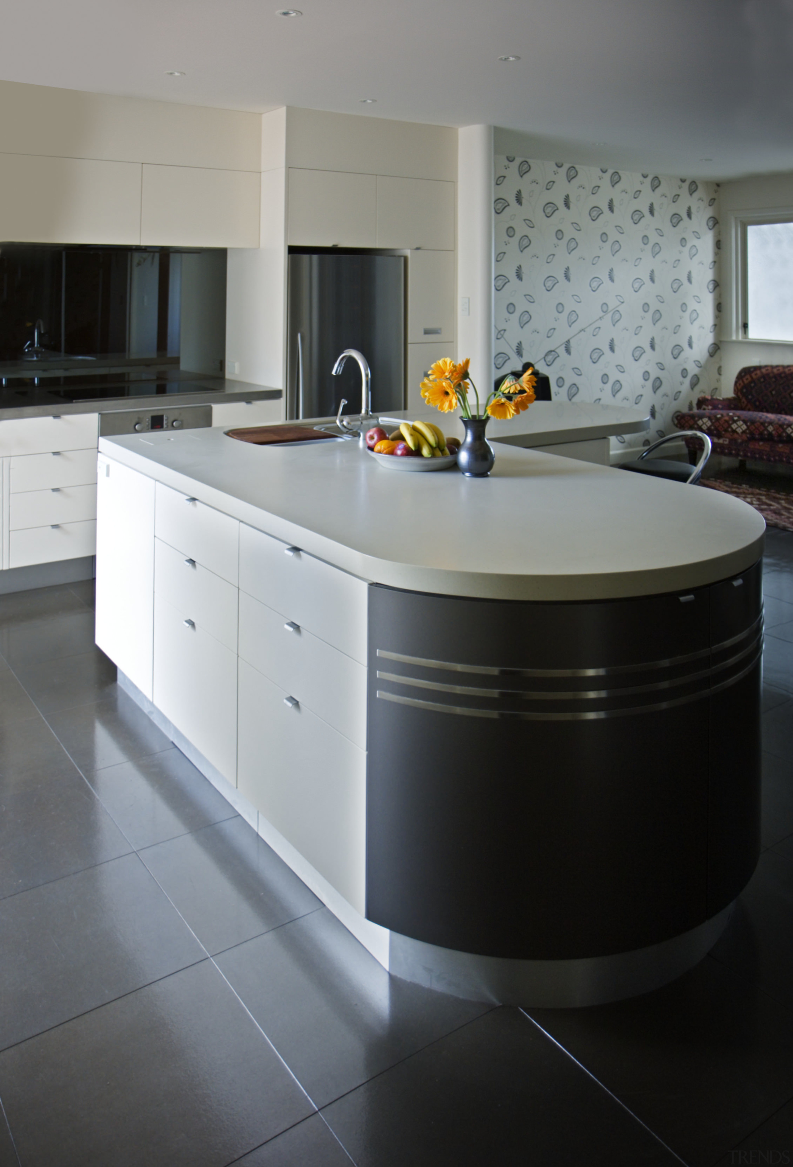 View of art deco kitchen designed by Pailine countertop, floor, flooring, furniture, interior design, kitchen, product design, table, gray, black