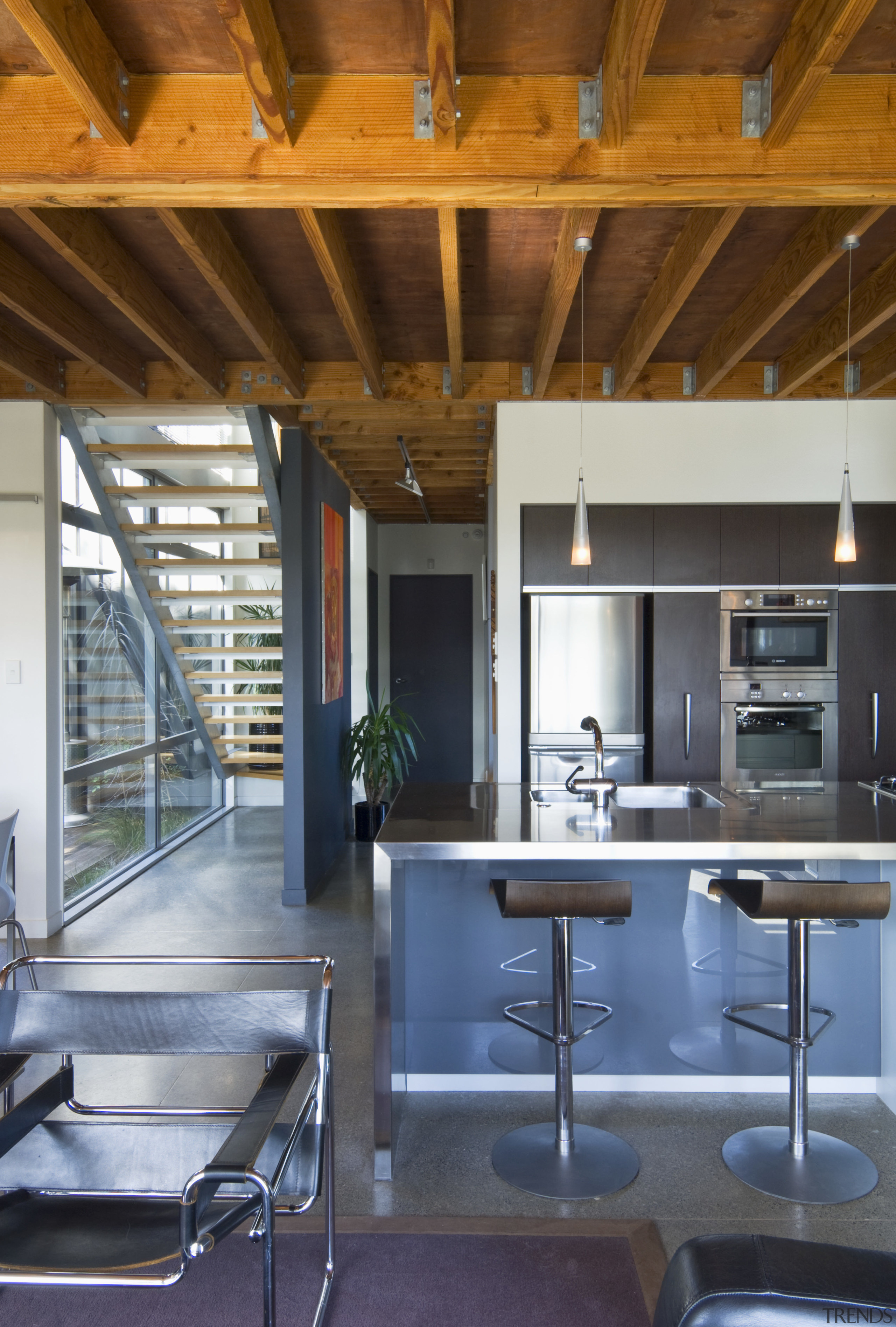 View of kitchen with stainless steel kitchen island, architecture, beam, ceiling, countertop, daylighting, house, interior design, kitchen, loft