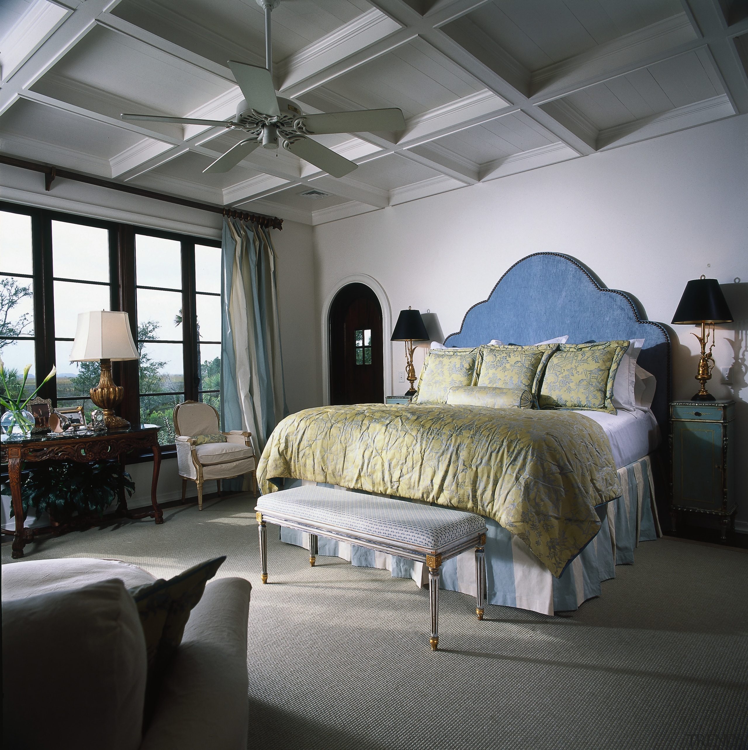 The master bedroom, with its feature coffered ceiling bedroom, ceiling, estate, furniture, home, interior design, room, window, gray, black