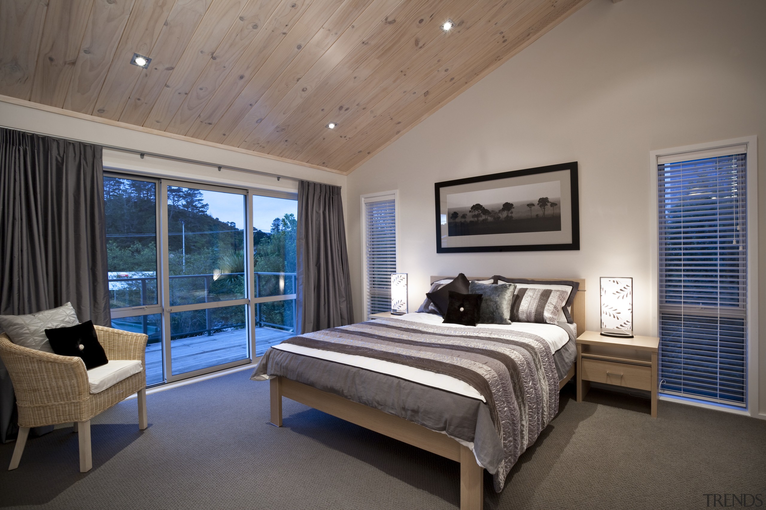 Interior view of this contemporary home bedroom - bed frame, bedroom, ceiling, estate, home, interior design, real estate, room, window, wood, gray