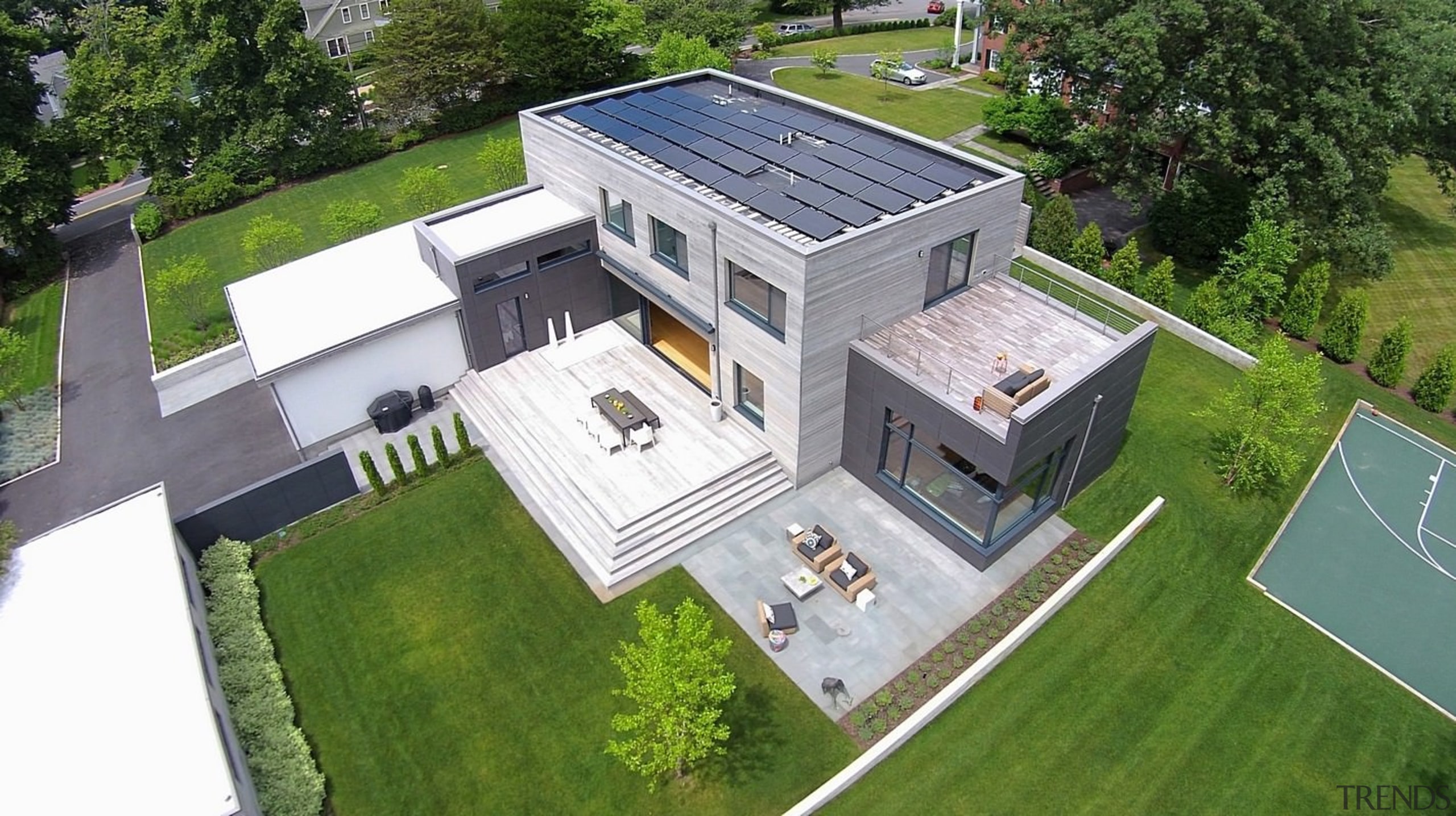 Architect: ZeroEnergy DesignPhotography by Eric Roth architecture, bird's eye view, elevation, estate, home, house, neighbourhood, property, real estate, residential area, roof, suburb, green
