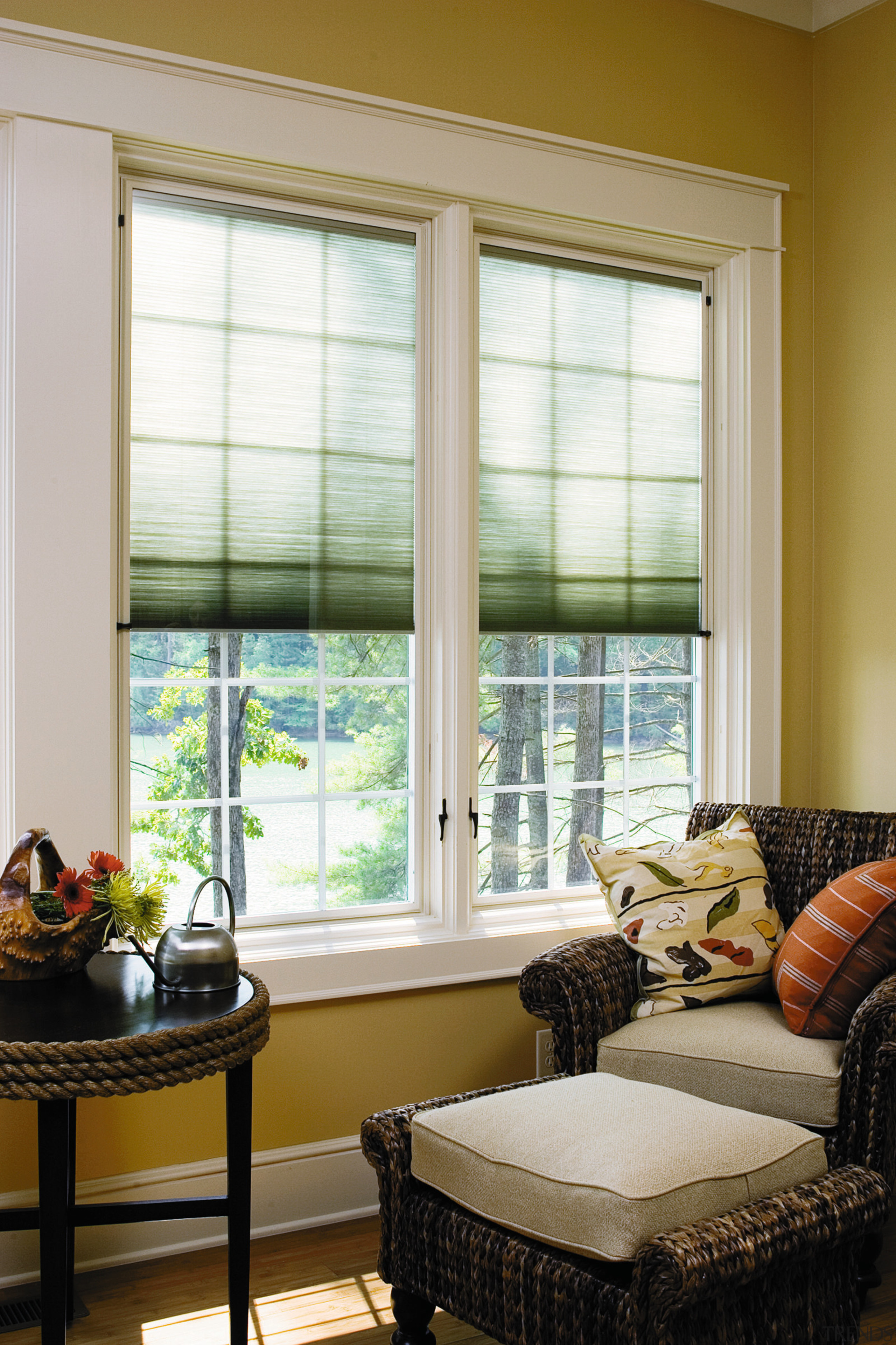 view of sitting area with chair, stool and curtain, door, home, interior design, living room, room, shade, window, window blind, window covering, window treatment, wood, brown, gray