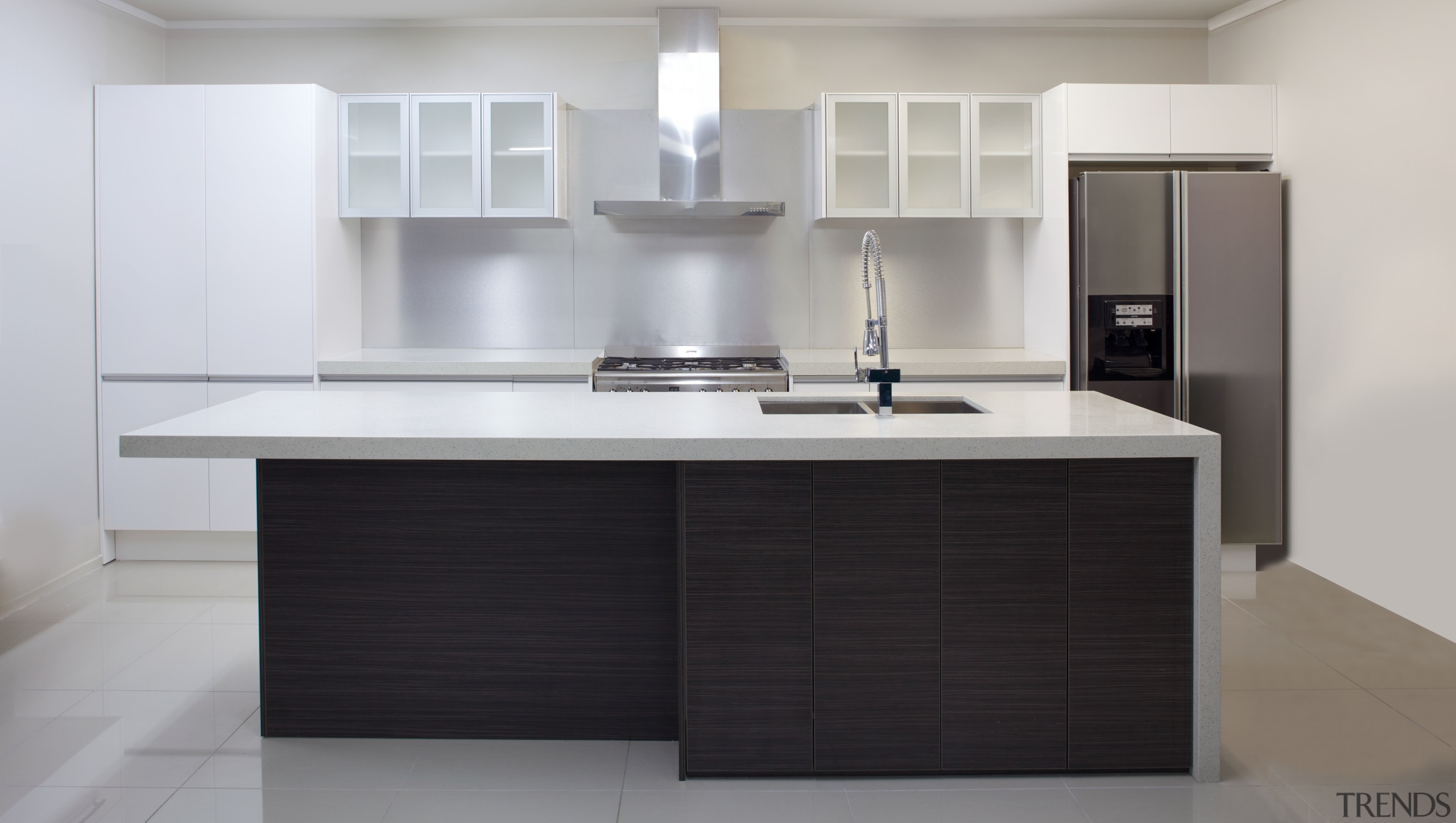 An engineered stone island benchtop with one waterfall cabinetry, countertop, cuisine classique, furniture, home appliance, interior design, kitchen, kitchen stove, product design, gray, black