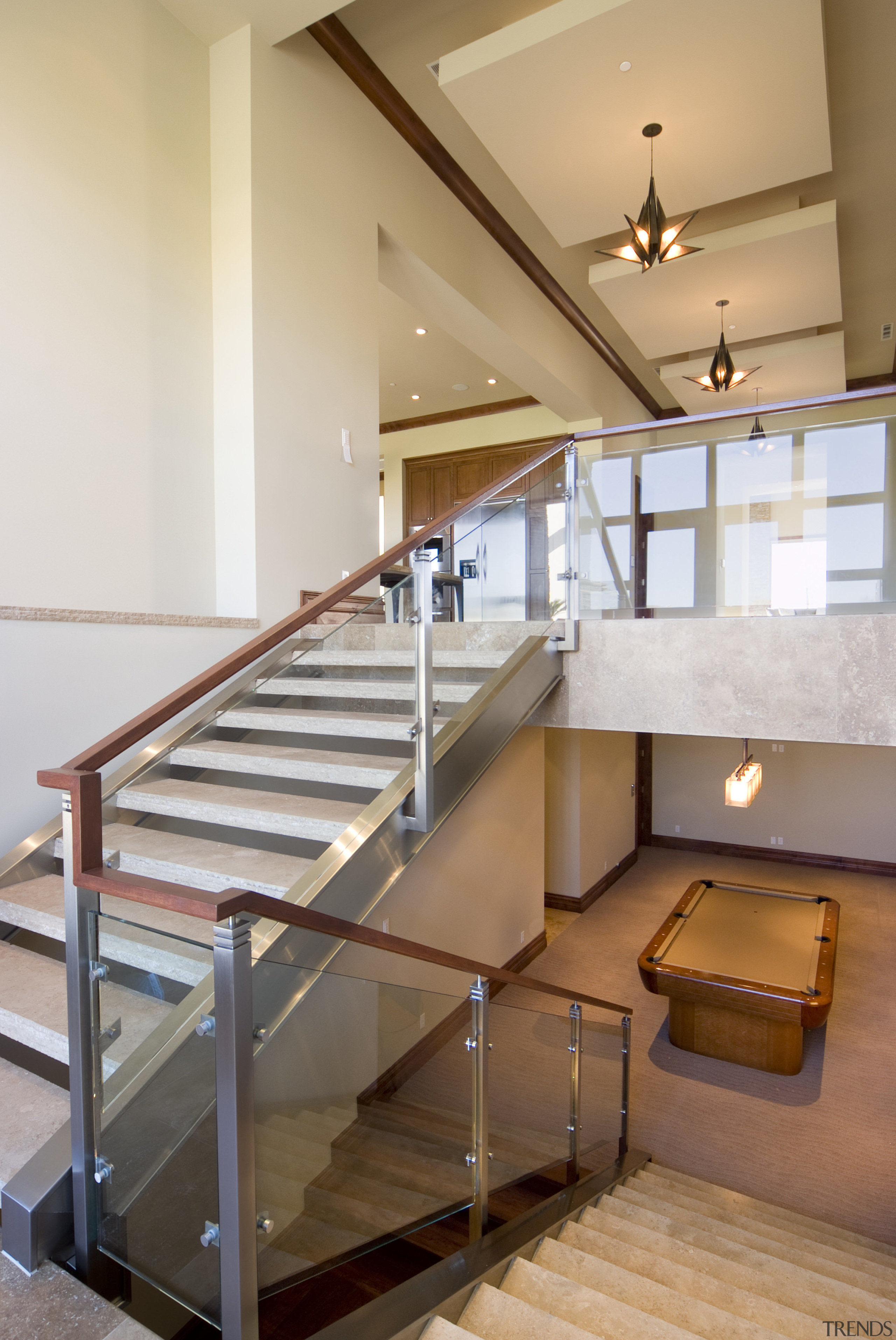 Stair well and pool table - Stair well floor, glass, handrail, interior design, real estate, stairs, wood, white, brown, orange