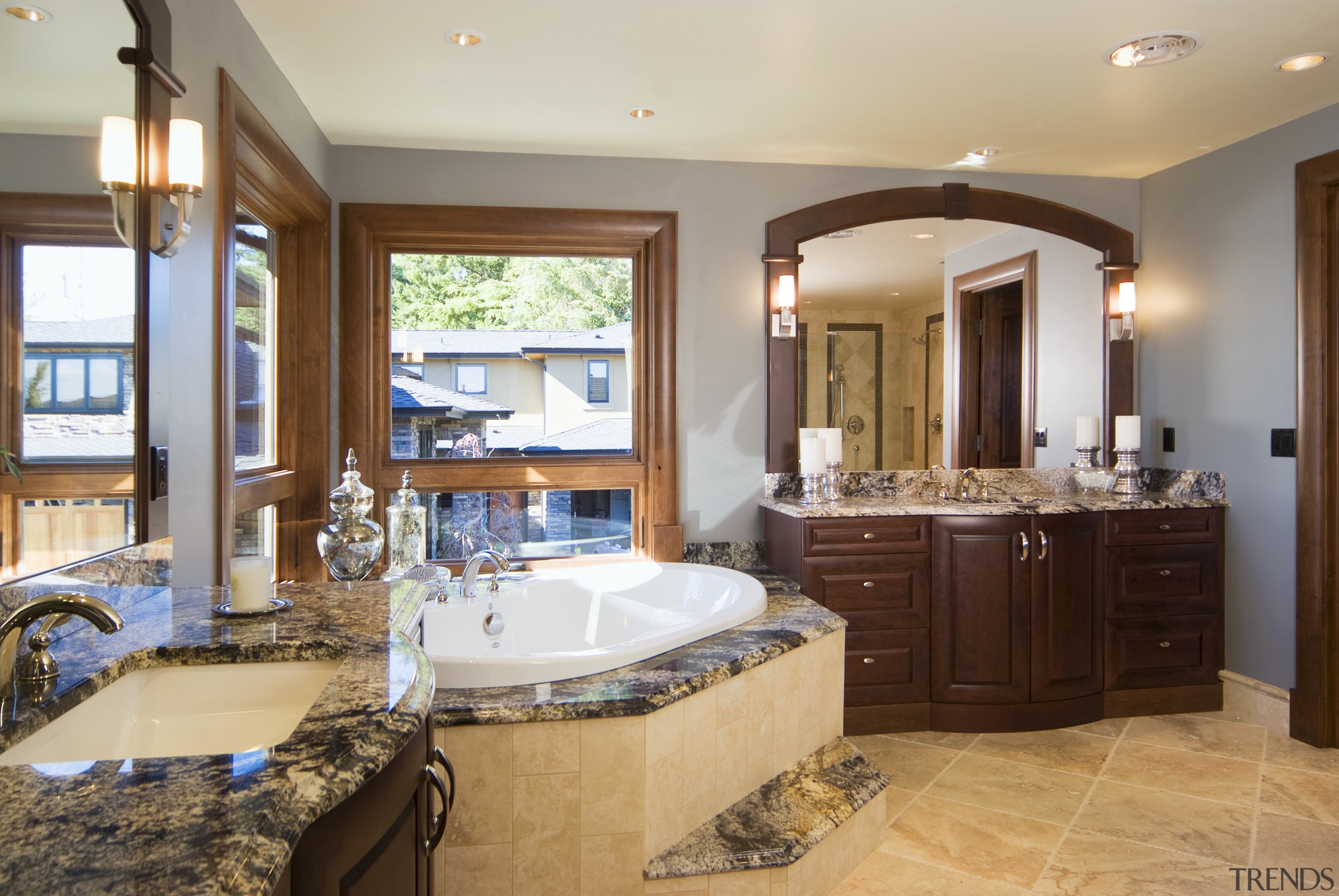 Pacific Crest Industries design and manufacture custom cabinetry bathroom, countertop, estate, home, interior design, real estate, room, window, brown, gray