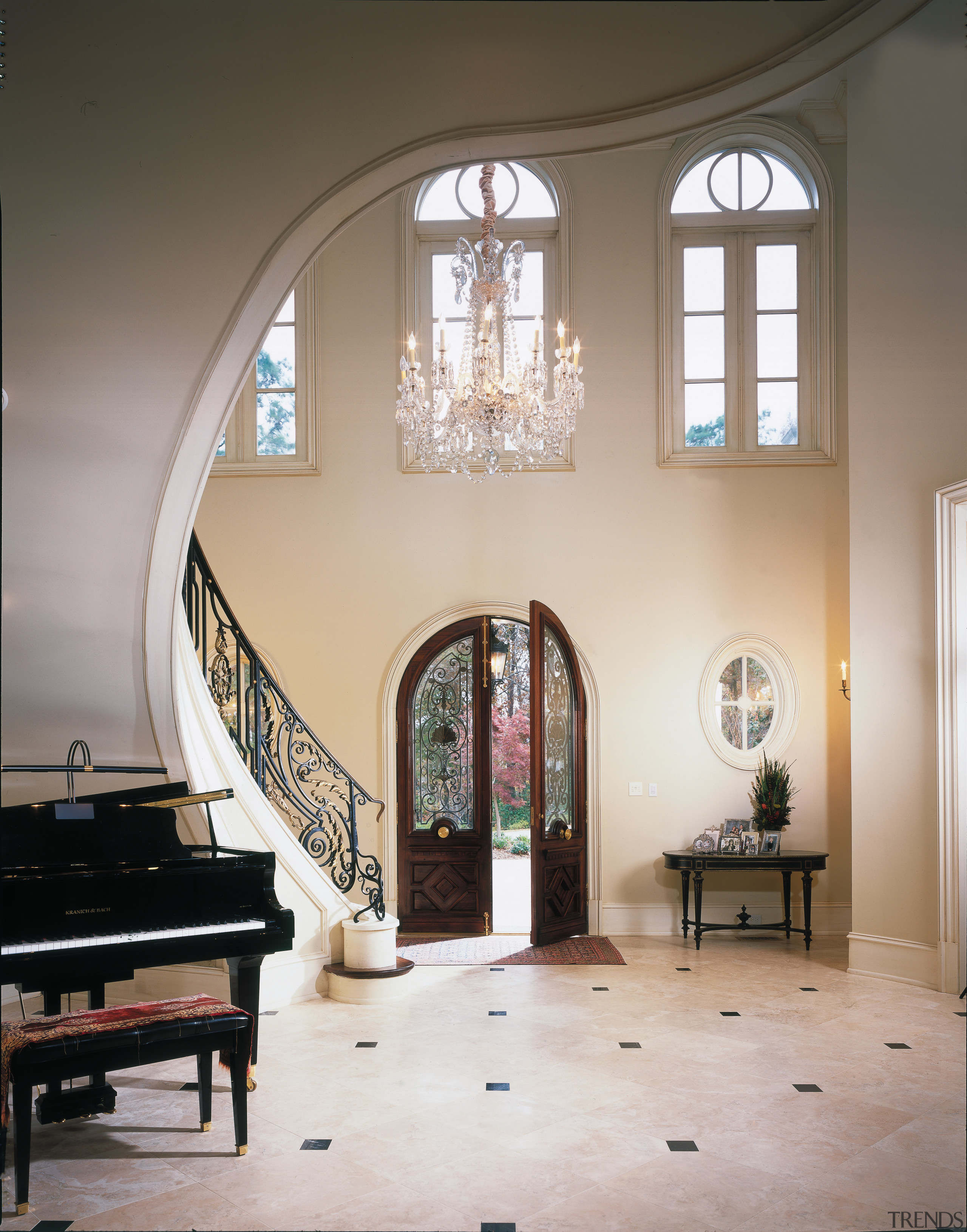 Visitors enter via the curved double doors and arch, architecture, ceiling, chapel, estate, furniture, home, interior design, window, gray