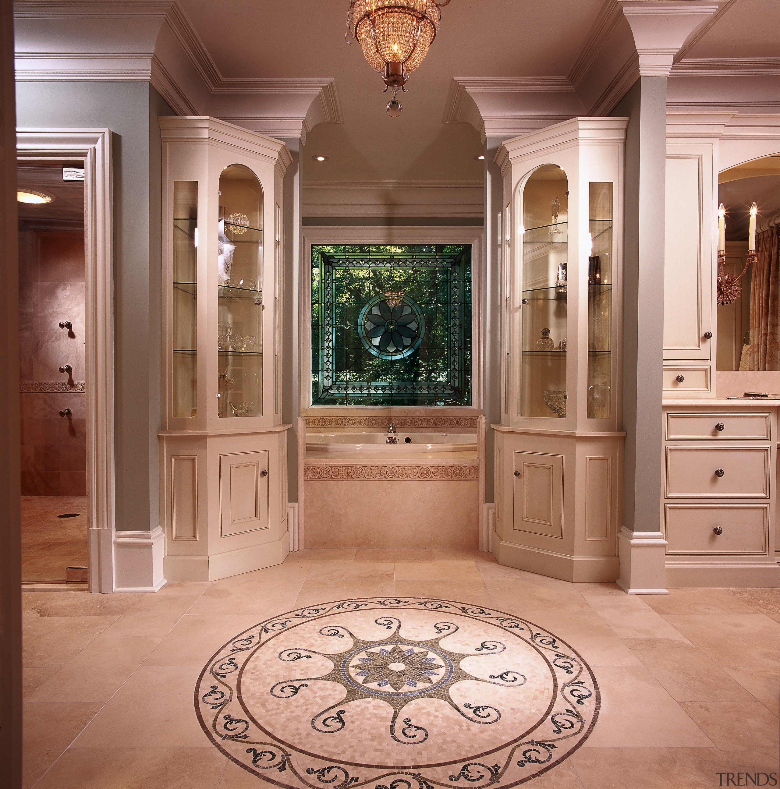 The remodled bathroom has features that branch out cabinetry, door, estate, floor, flooring, furniture, hardwood, interior design, laminate flooring, lobby, molding, window, wood flooring, wood stain, brown, orange