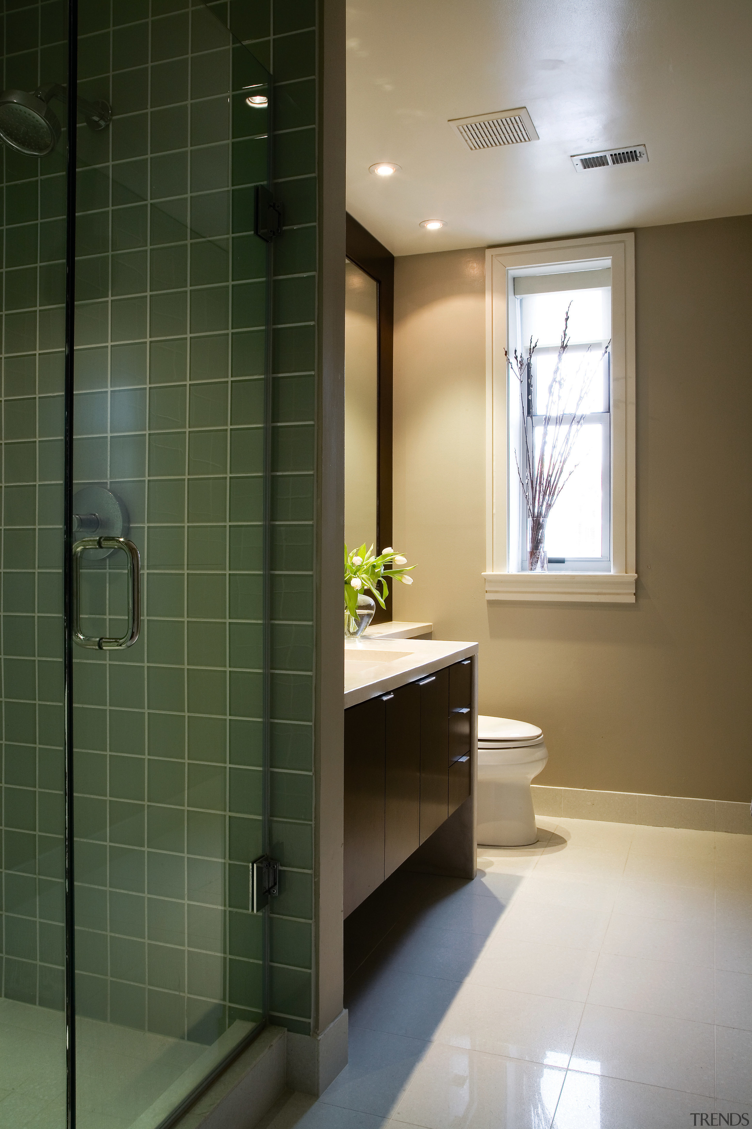 A view of the bathroom, tiled floors and architecture, bathroom, ceiling, floor, flooring, glass, home, interior design, room, tile, brown