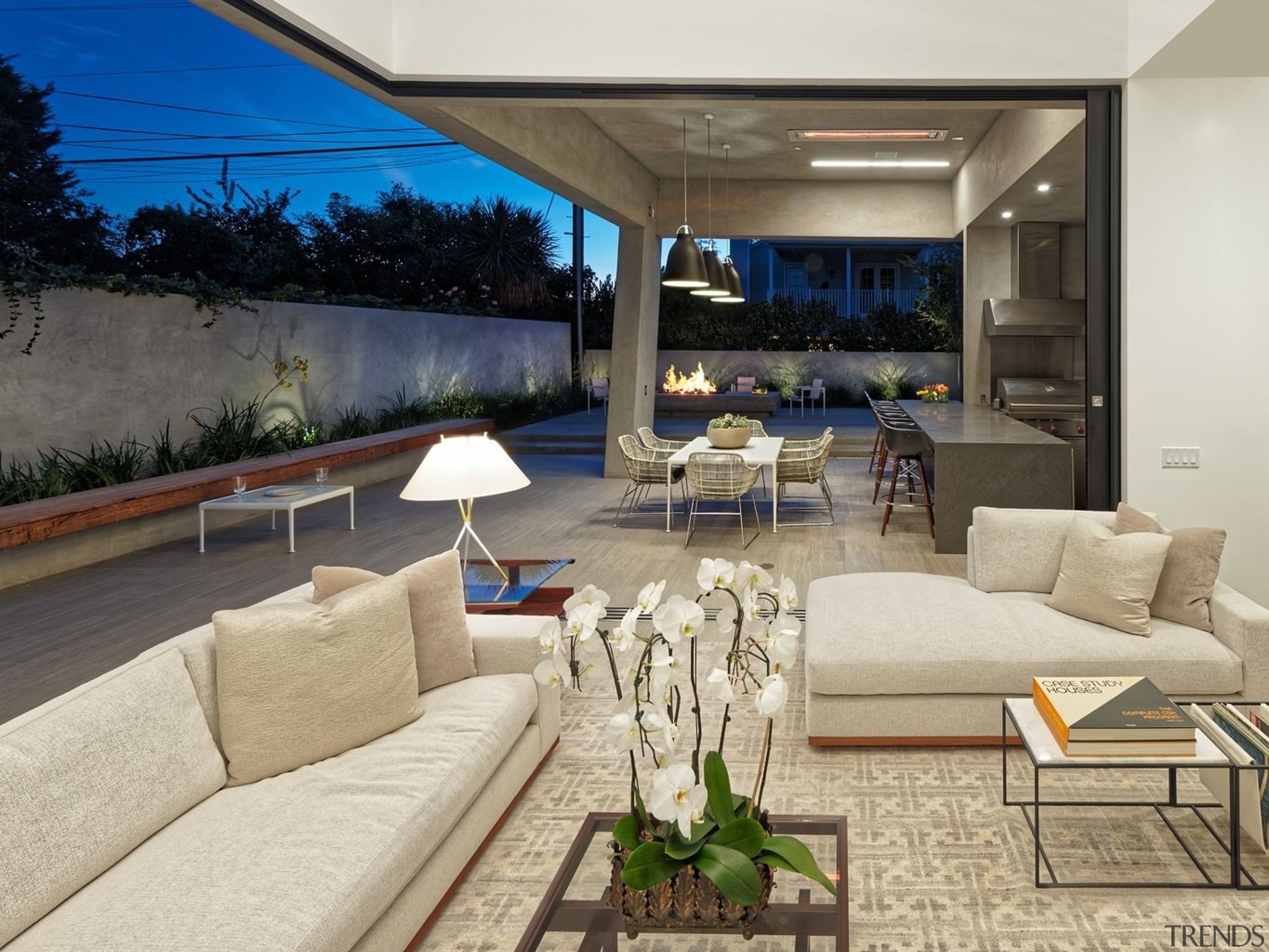 Outdoor entertaining space runs along this side of estate, home, interior design, living room, property, real estate, gray