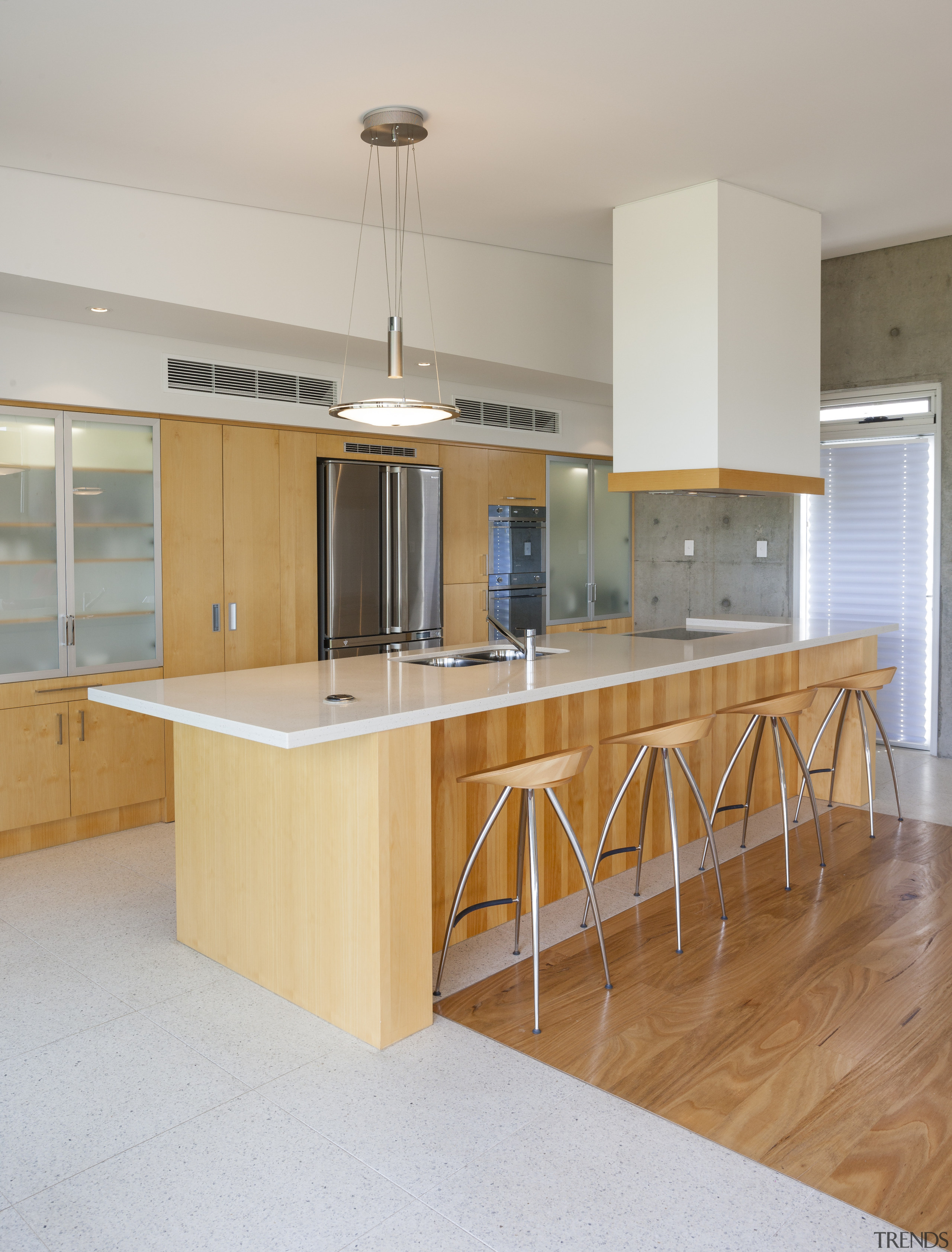 Raw concrete and light wood kitchen - Raw cabinetry, countertop, cuisine classique, floor, flooring, hardwood, interior design, kitchen, real estate, room, wood flooring, gray