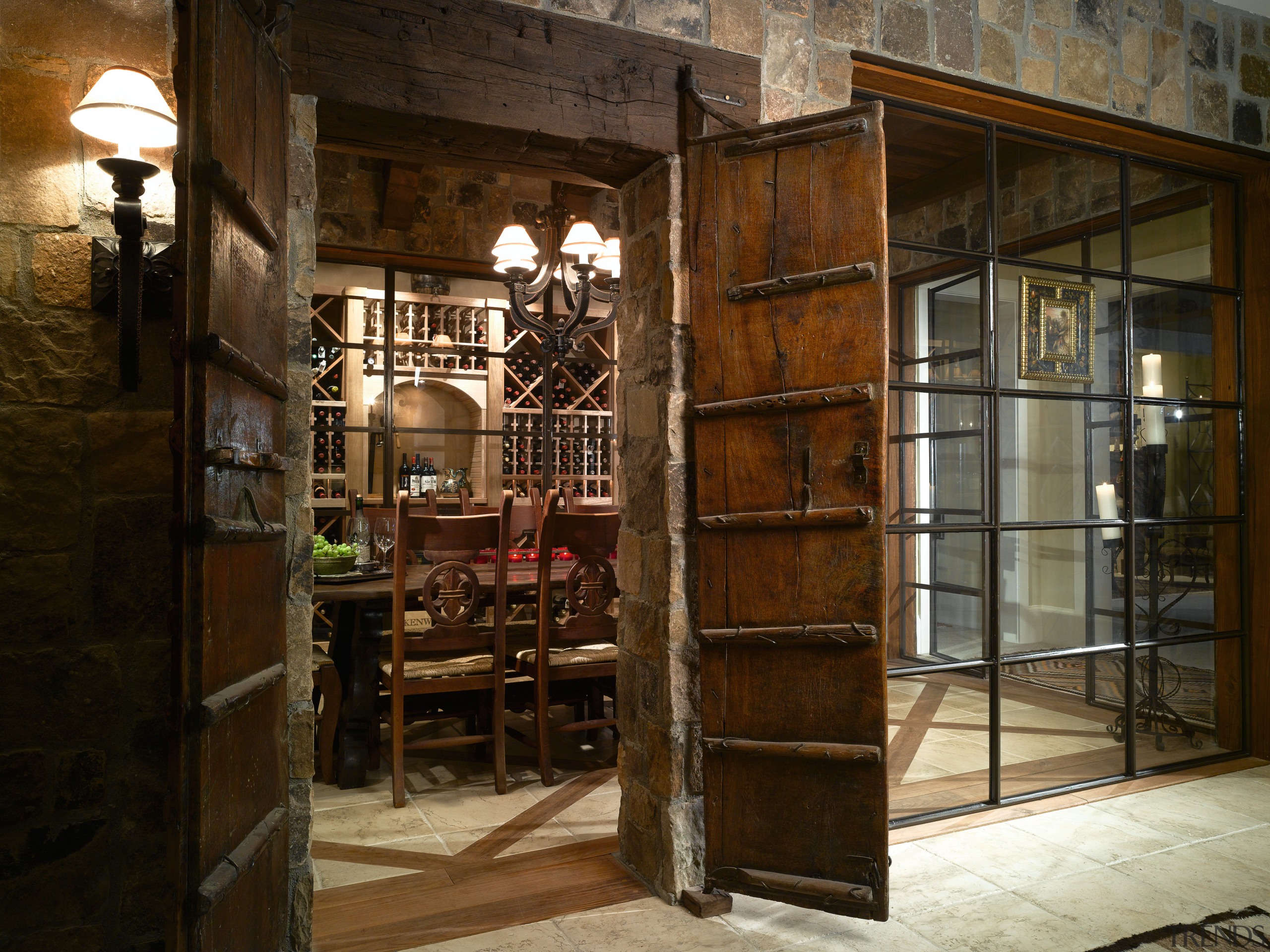 Interior view of home showing timber doors and door, interior design, window, brown