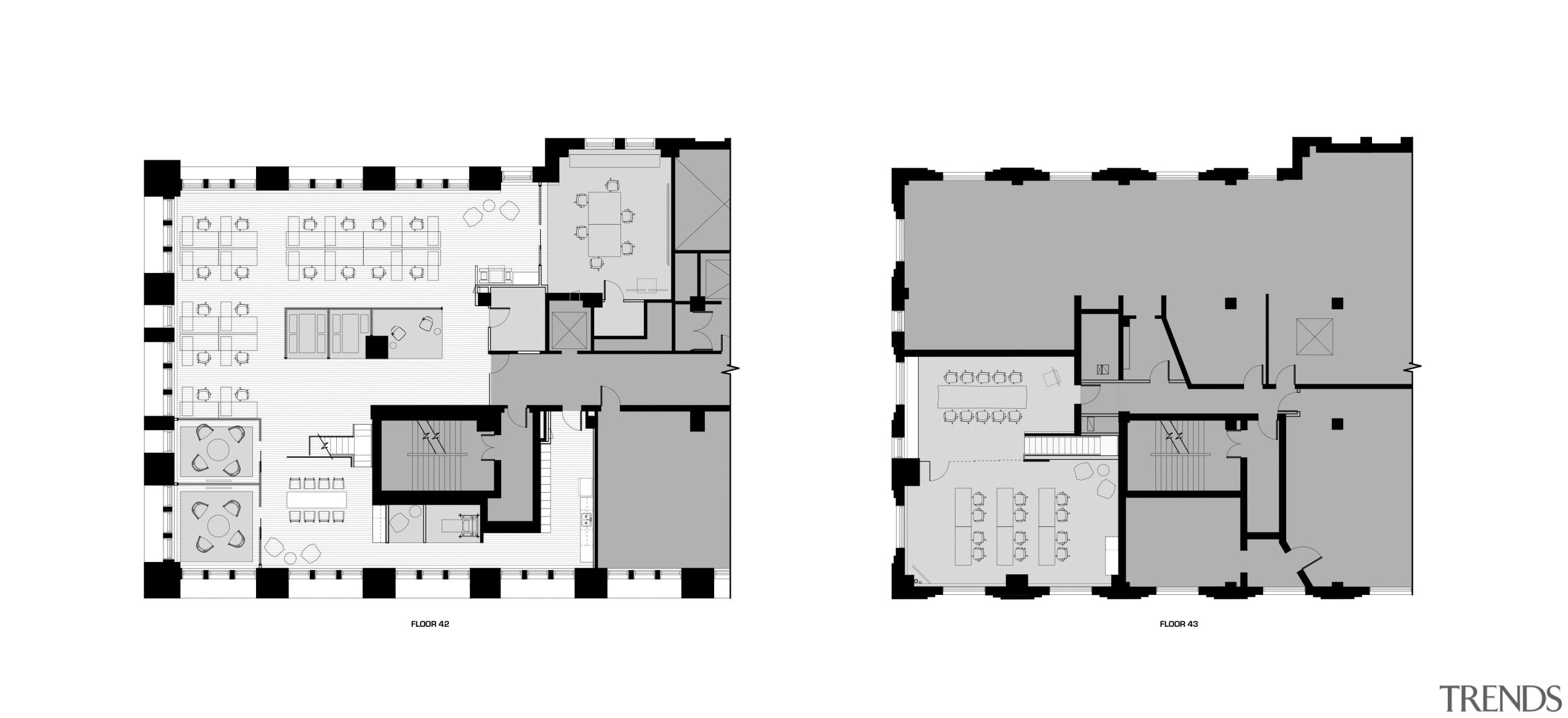 This new Kimberly-Clark office in Chicago occupies much architecture, area, black and white, design, diagram, drawing, elevation, floor plan, font, pattern, plan, product, product design, schematic, square, structure, text, white