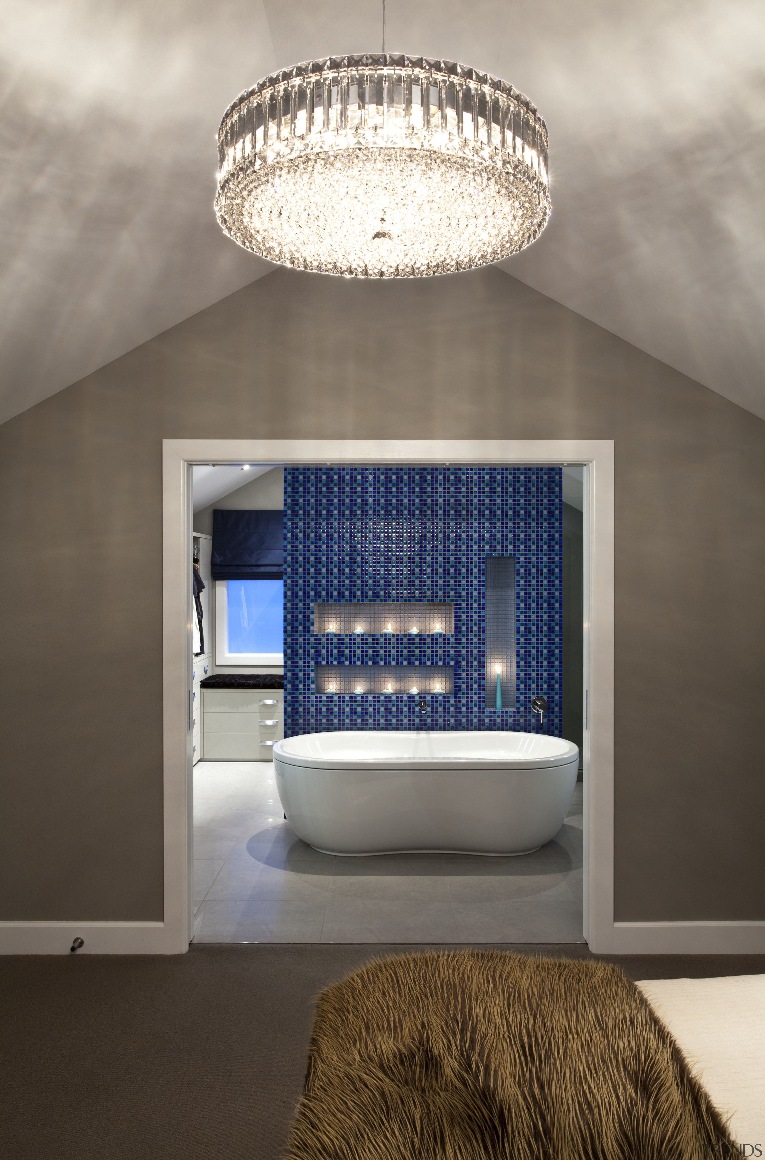 View of contemporary bedroom with ensuite featuring blue ceiling, daylighting, interior design, light fixture, lighting, gray, brown