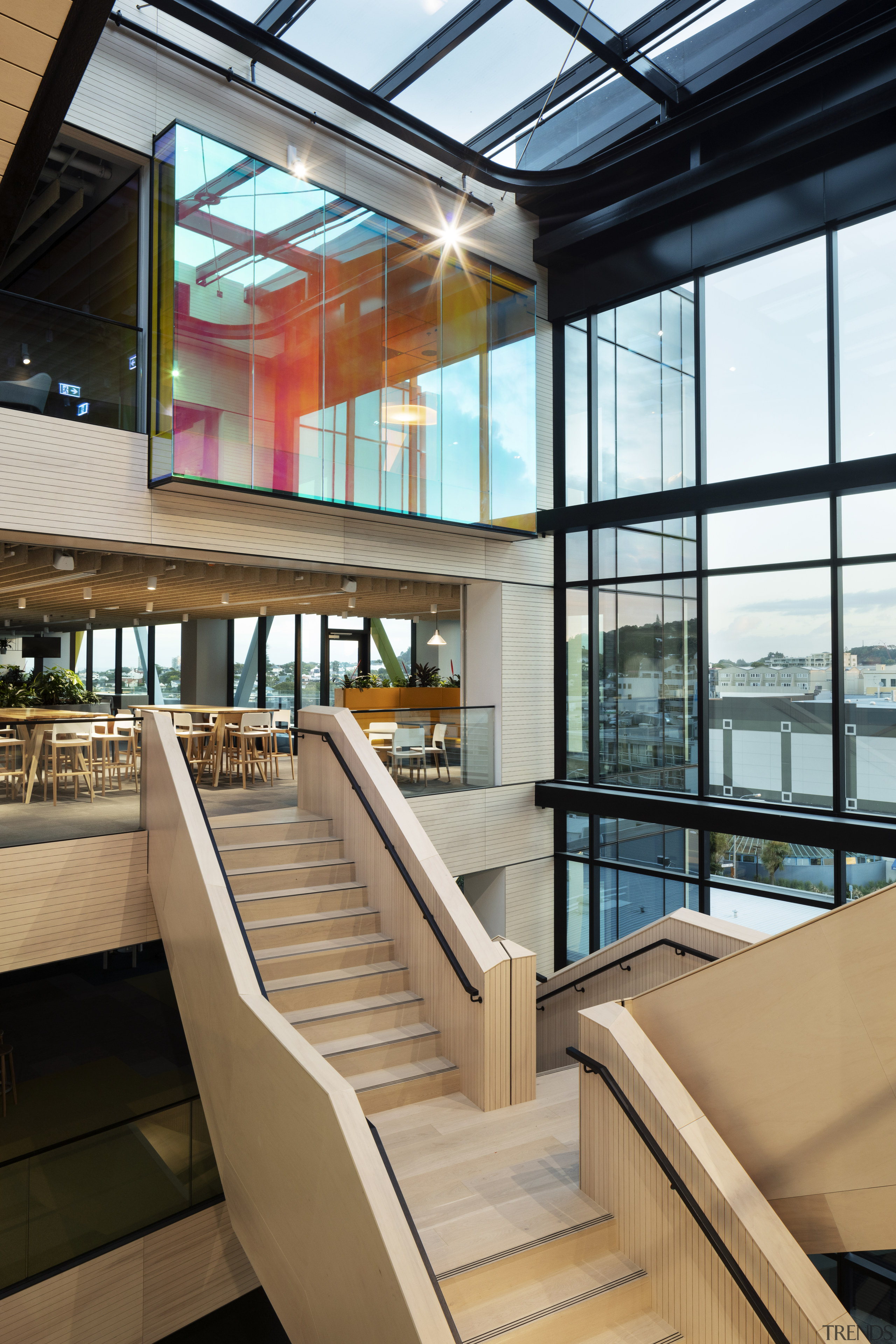 The glass-roofed atrium ensures Mercury's new offices are Mercury, Warren and Mahoney,  architecture, building, design, glass, interior design, stairs, window, black