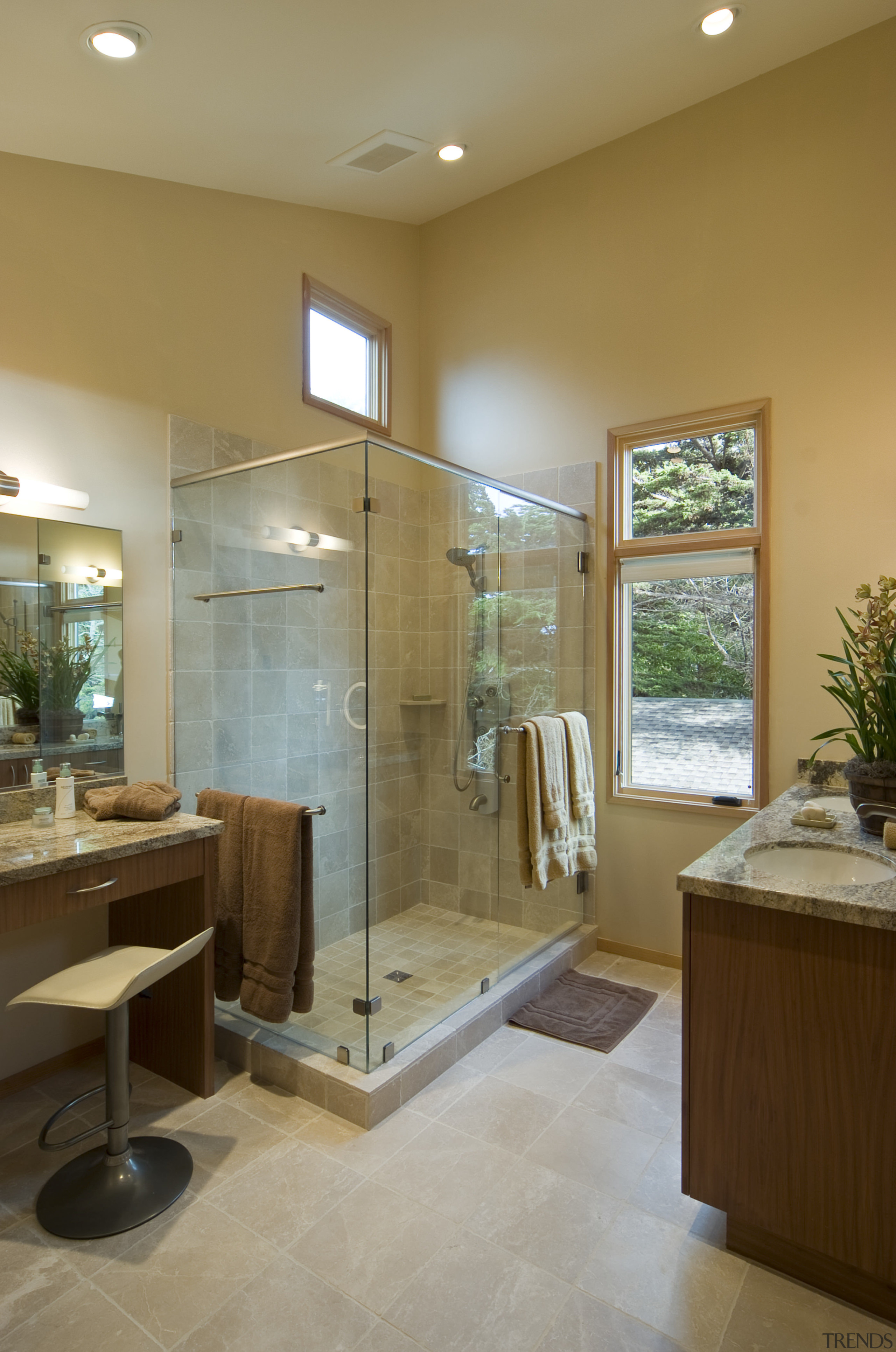 A large double shower is a feature of bathroom, floor, home, interior design, room, brown, gray