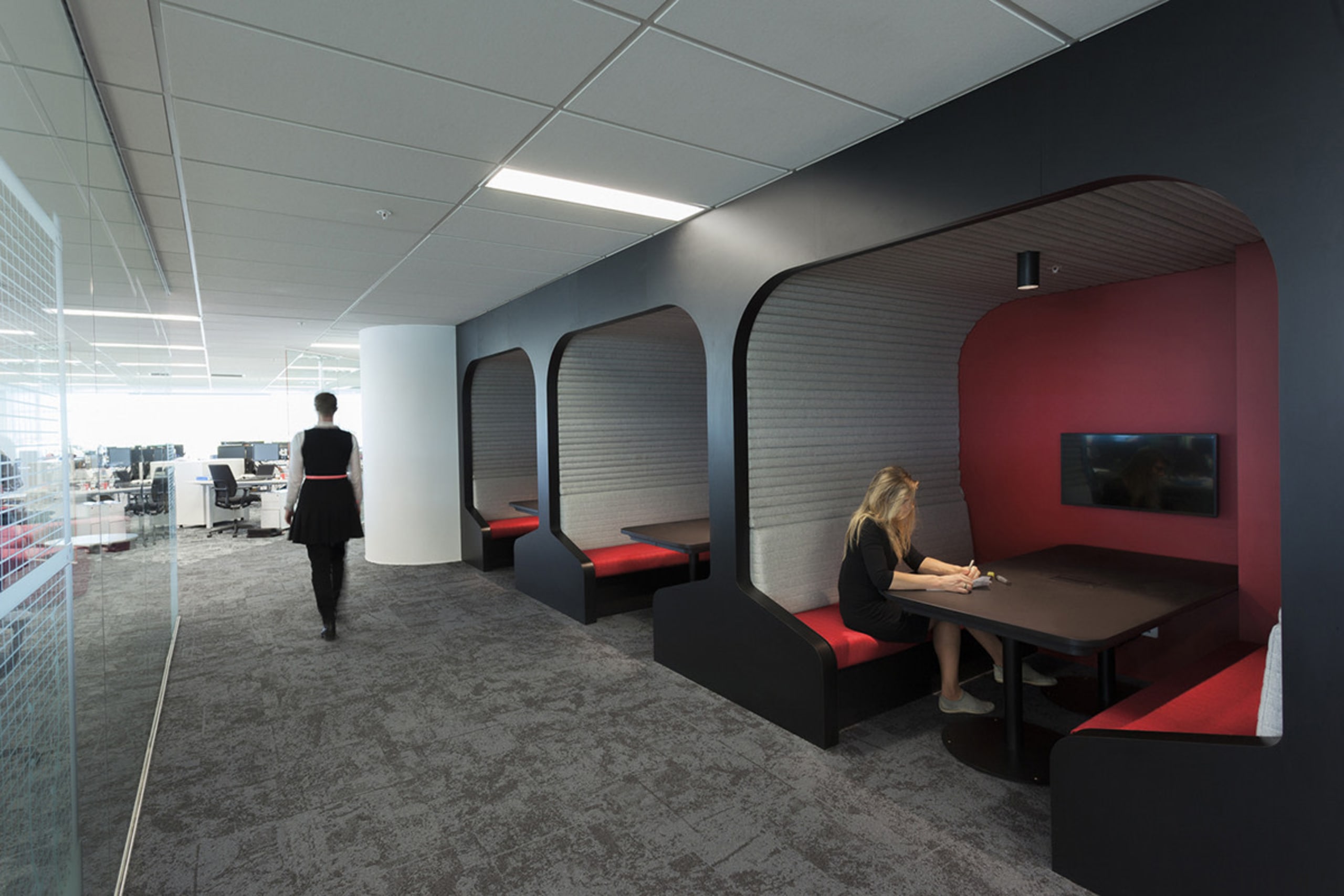 Sculptural conversation booths are just one of many architecture, ceiling, interior design, office, gray, black