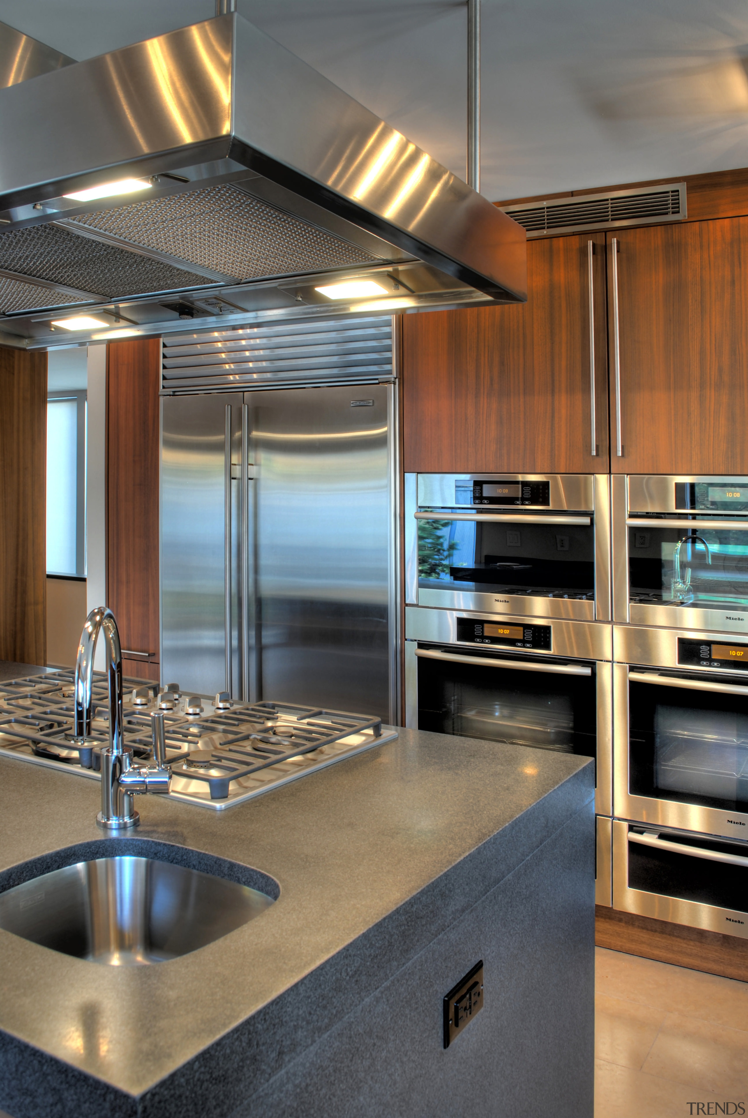 View of contemporary kitchen and dining area with ceiling, countertop, interior design, kitchen, gray, brown