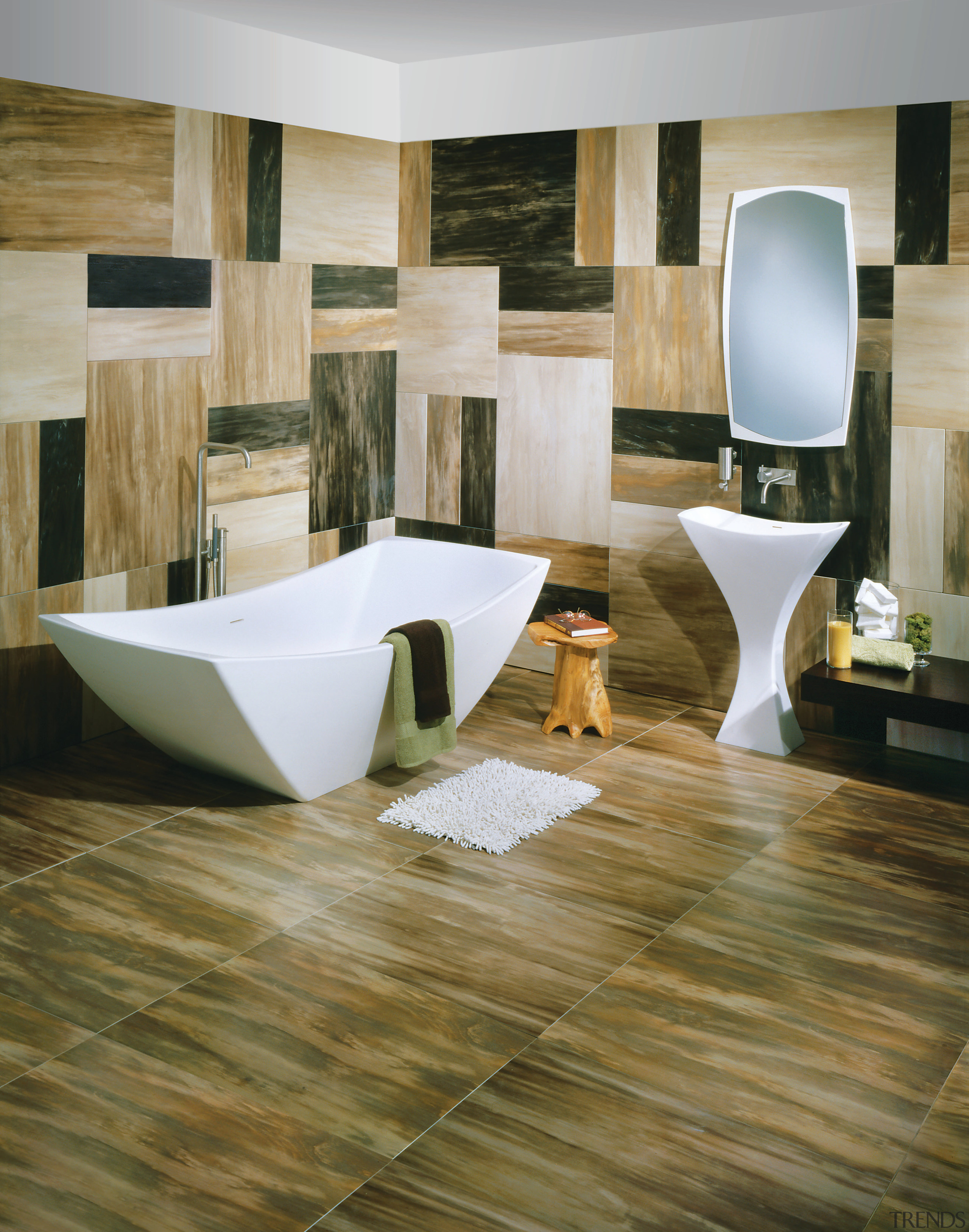 Image of bathroom designed by Architects and Designers bathroom, floor, flooring, hardwood, interior design, laminate flooring, living room, tile, wall, wood, wood flooring, brown