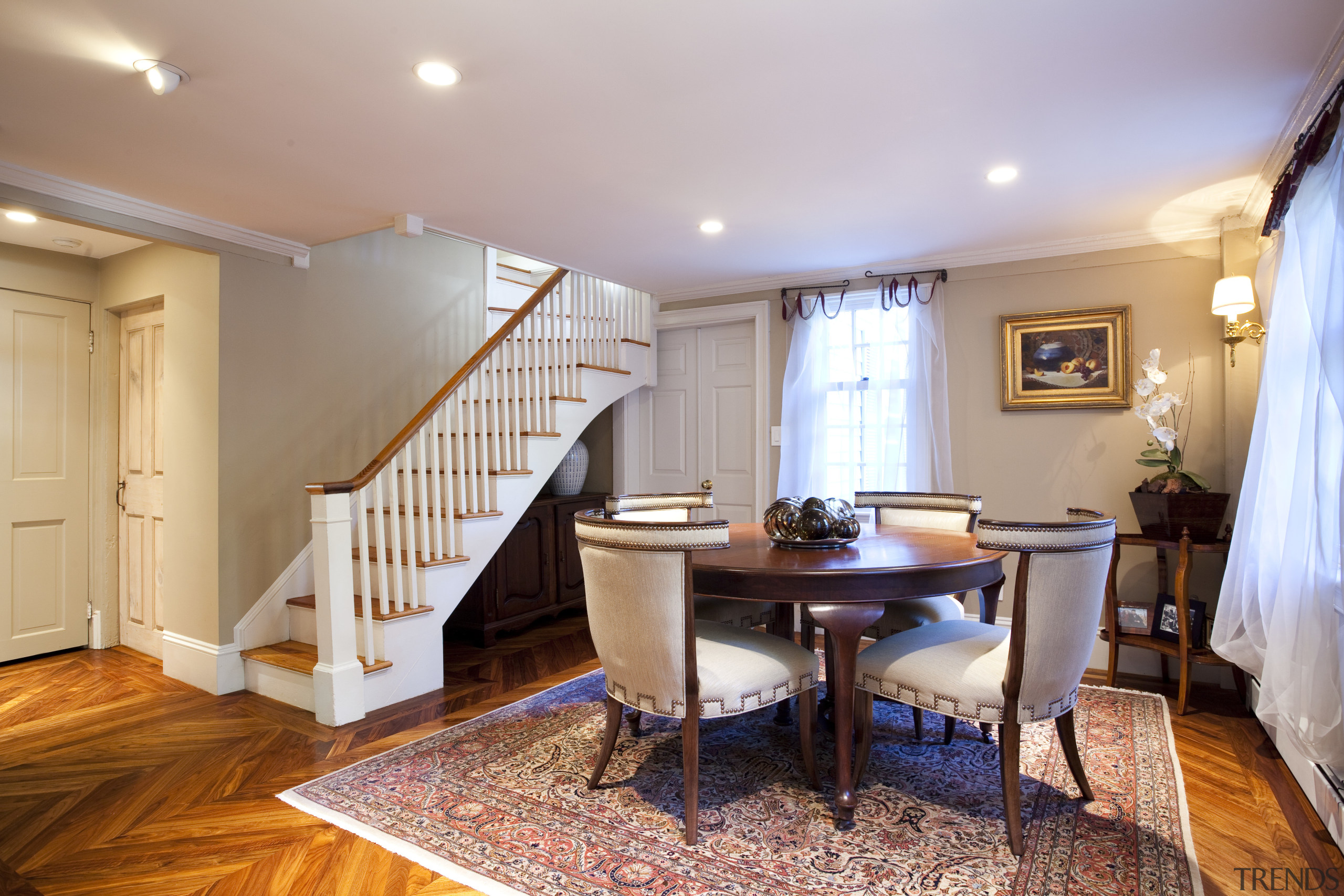 The new dining area in this heritage home ceiling, dining room, estate, floor, flooring, hardwood, home, house, interior design, living room, property, real estate, room, wall, wood, gray