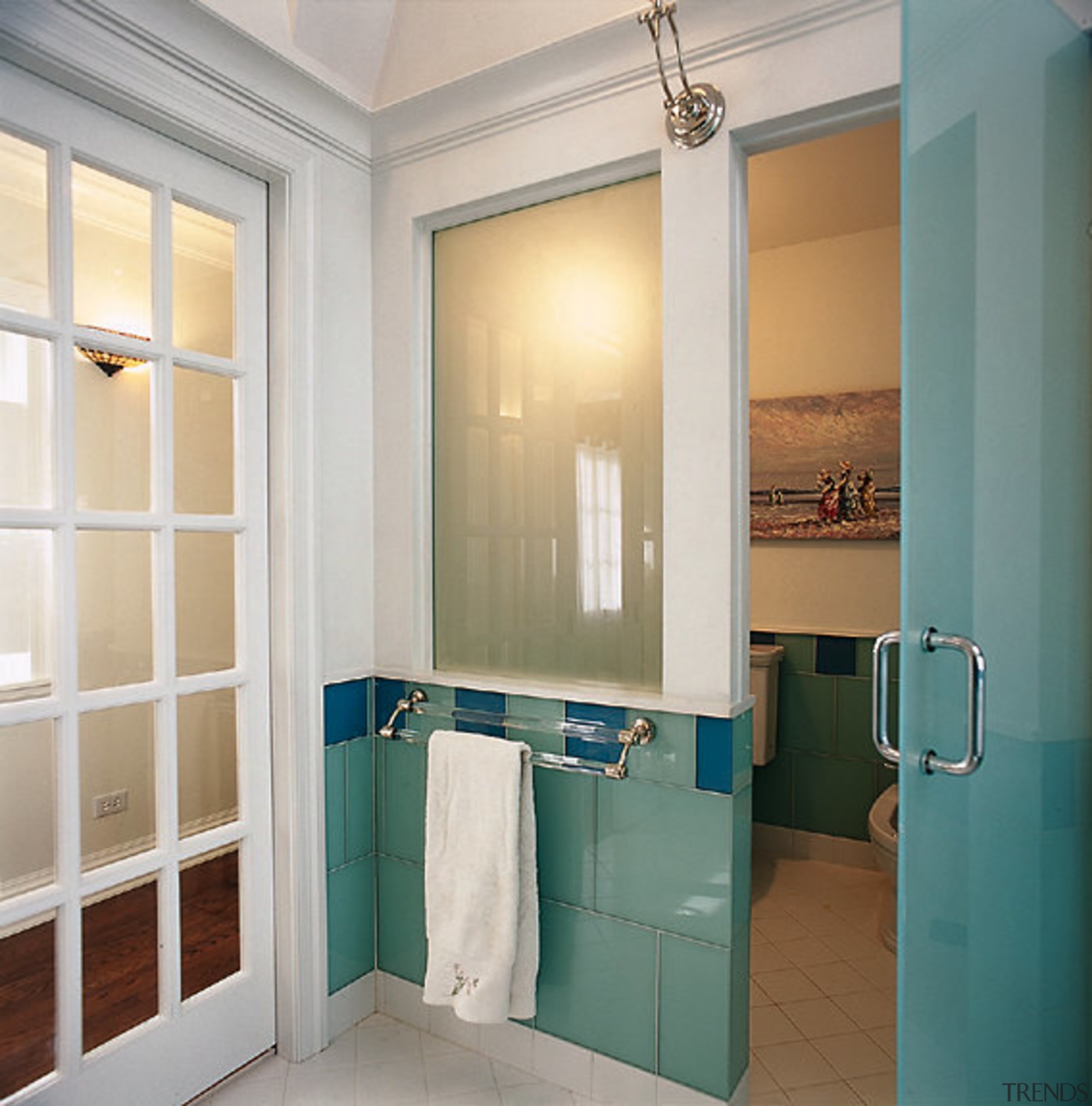 View of the bathroom - View of the bathroom, bathroom accessory, bathroom cabinet, ceiling, door, floor, home, interior design, plumbing fixture, real estate, room, wall, window, gray