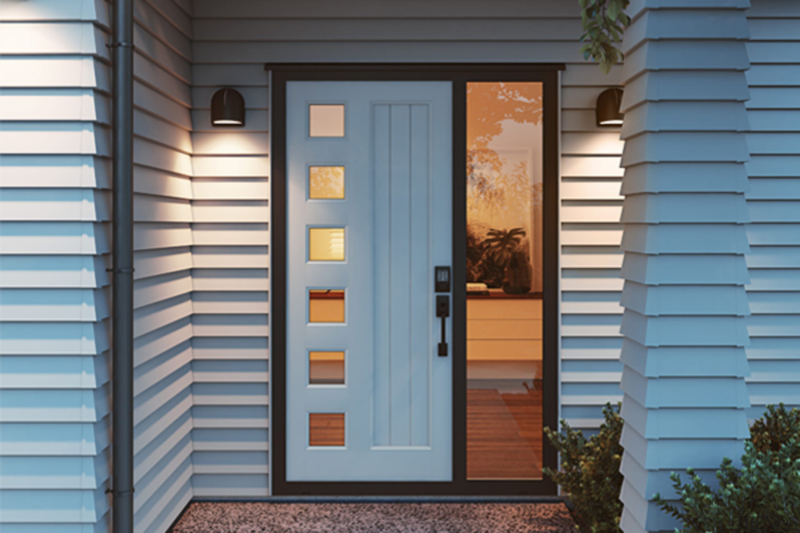 Half doors create a wider entrance, while sidelights door, facade, home, house, real estate, siding, window, window covering, wood, teal, gray