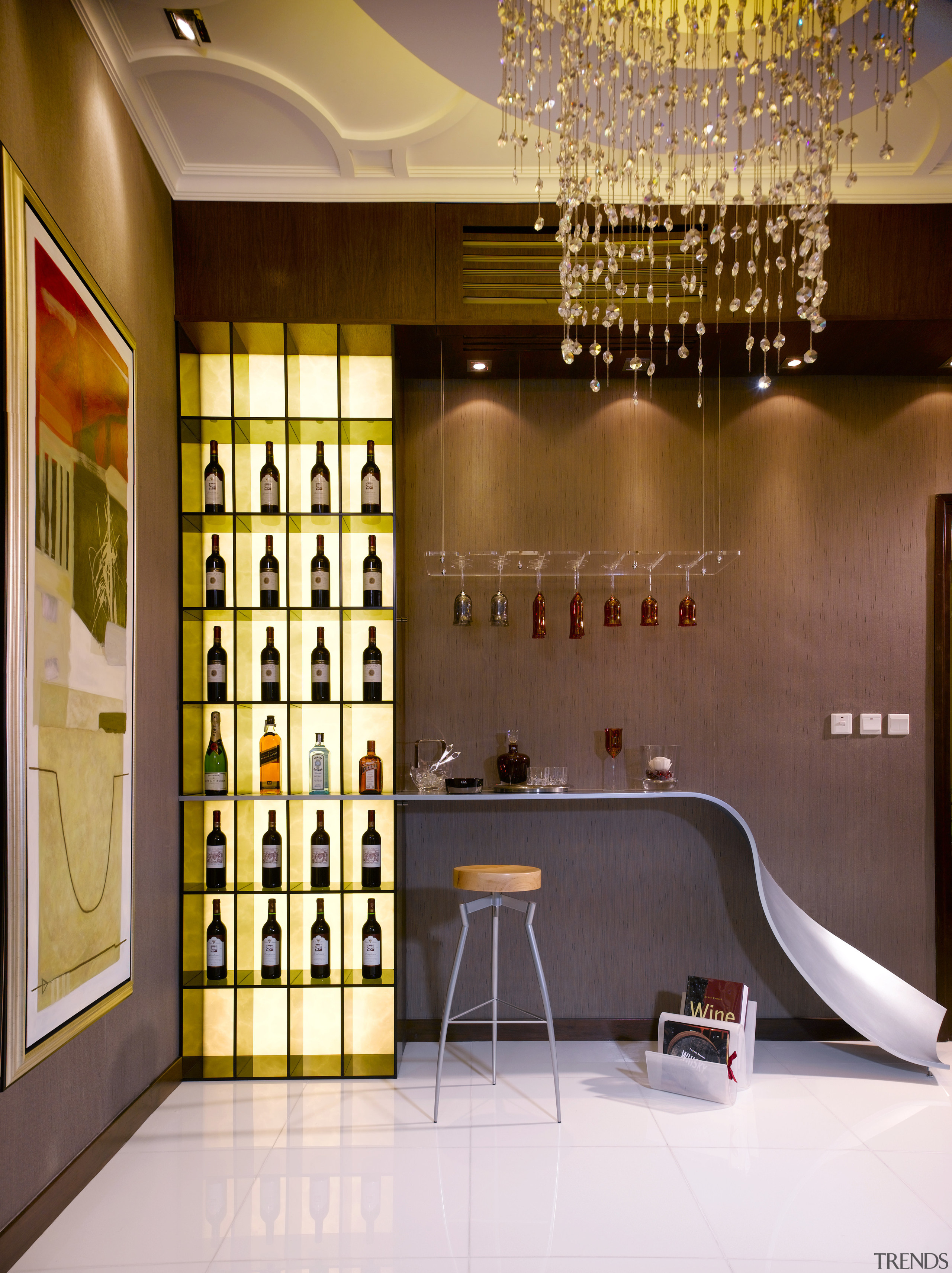 A view of the bar area, marble flooring, ceiling, interior design, lobby, brown