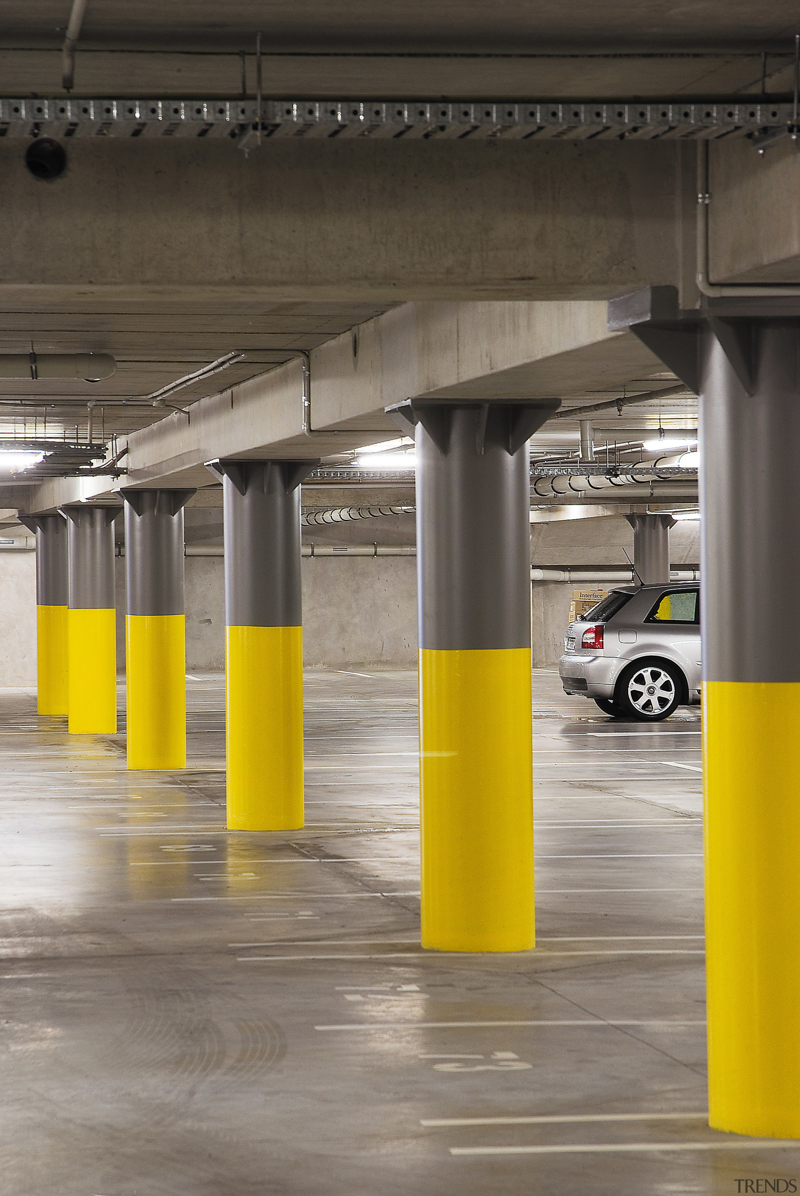 A view of the AirNZ building. - A parking, yellow, gray, black