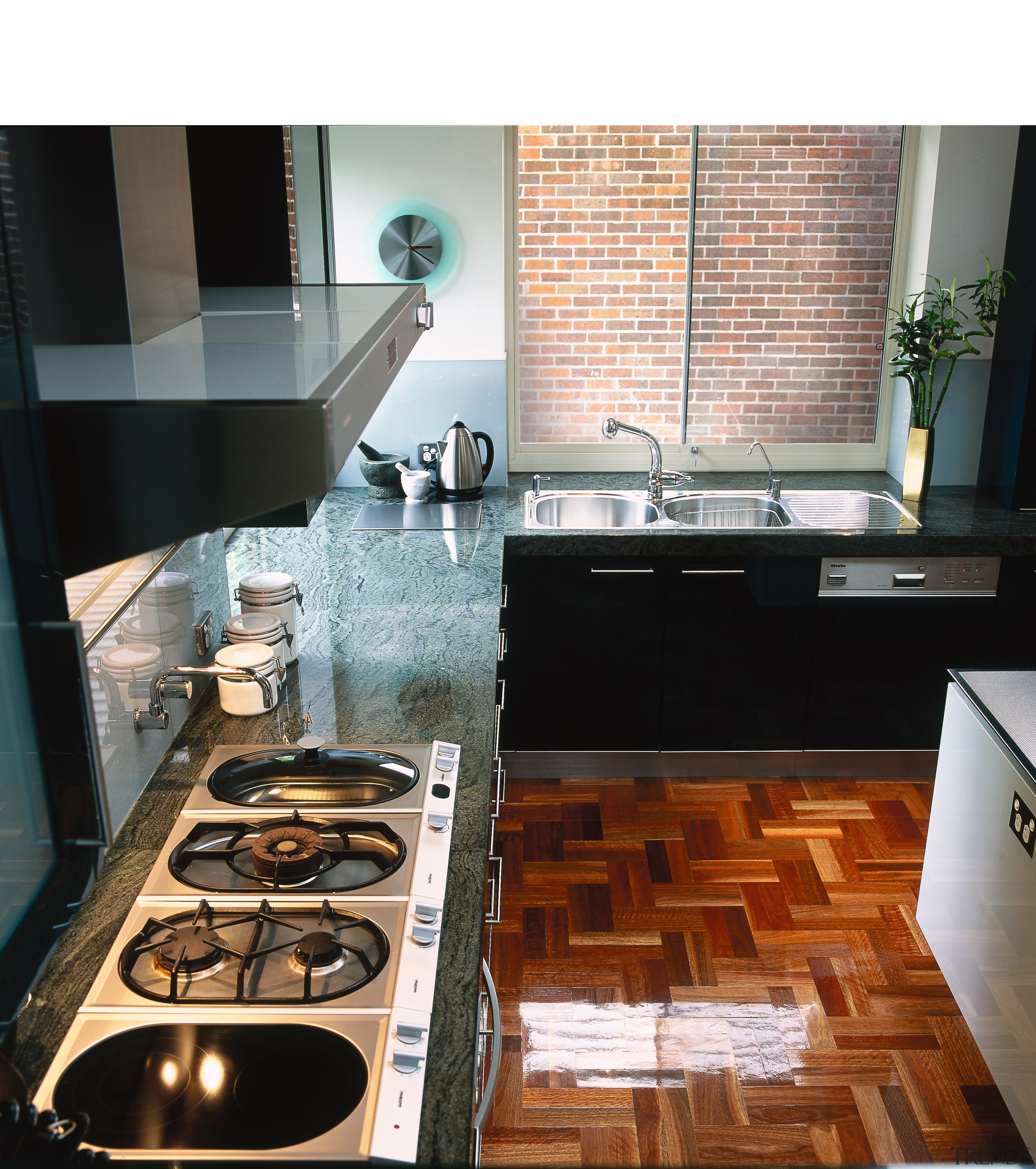 overhead view of hob and granite benchtop - countertop, floor, flooring, interior design, kitchen, tile, black