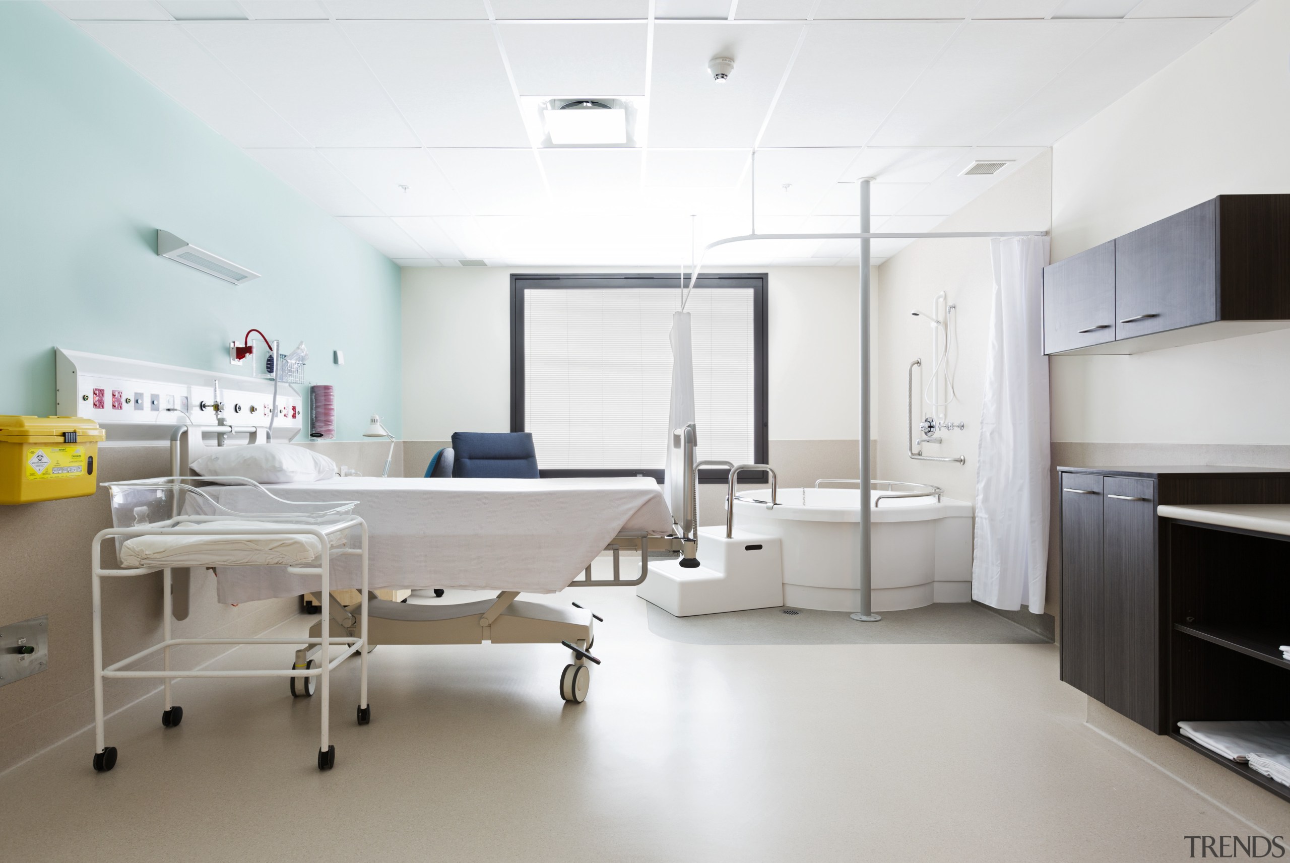 :The maternity wing at Whangarei Hospital required a clinic, floor, hospital, institution, interior design, product design, room, white