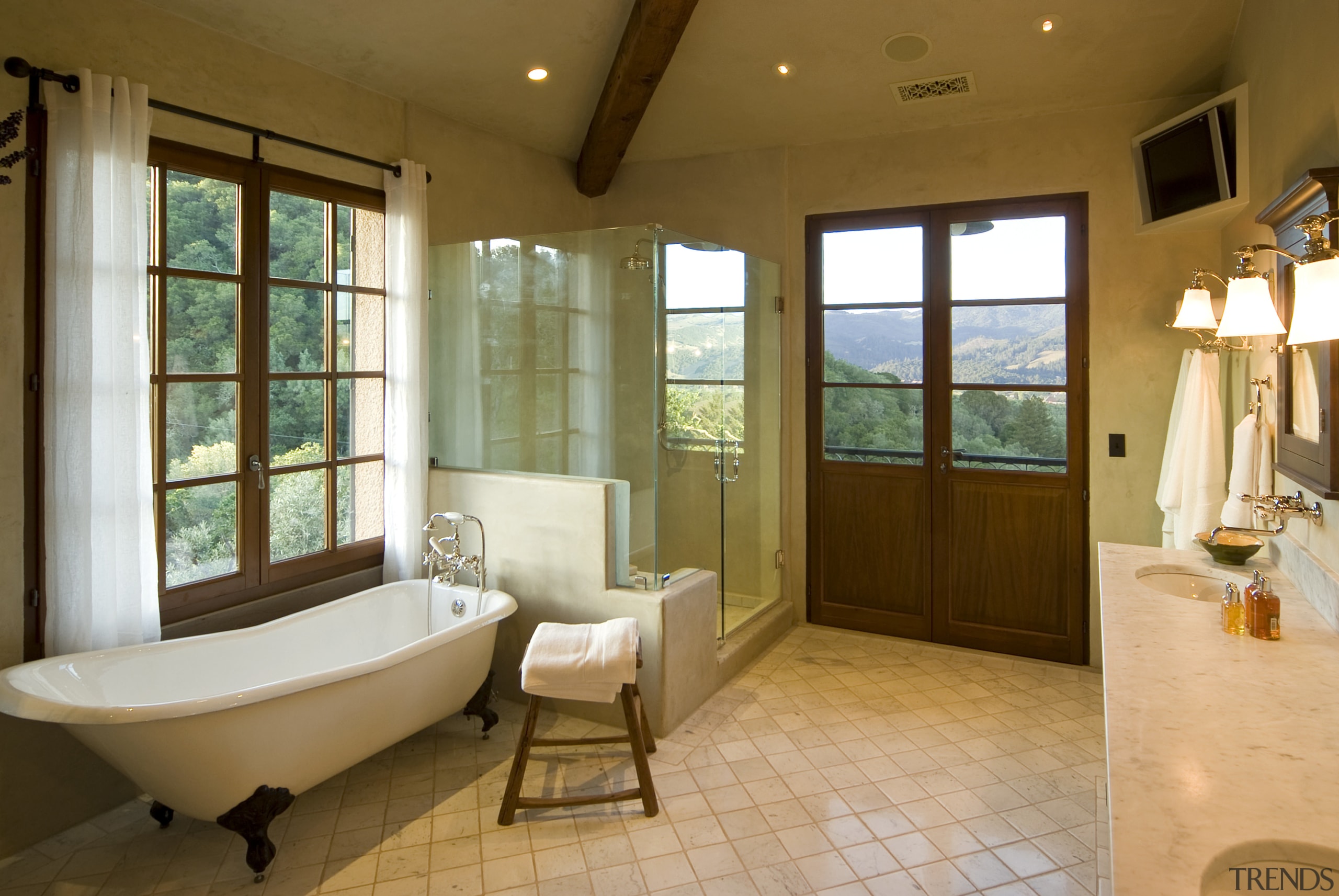 View of the bathroom with tiled floors &amp; bathroom, ceiling, estate, floor, flooring, home, interior design, real estate, room, window, brown