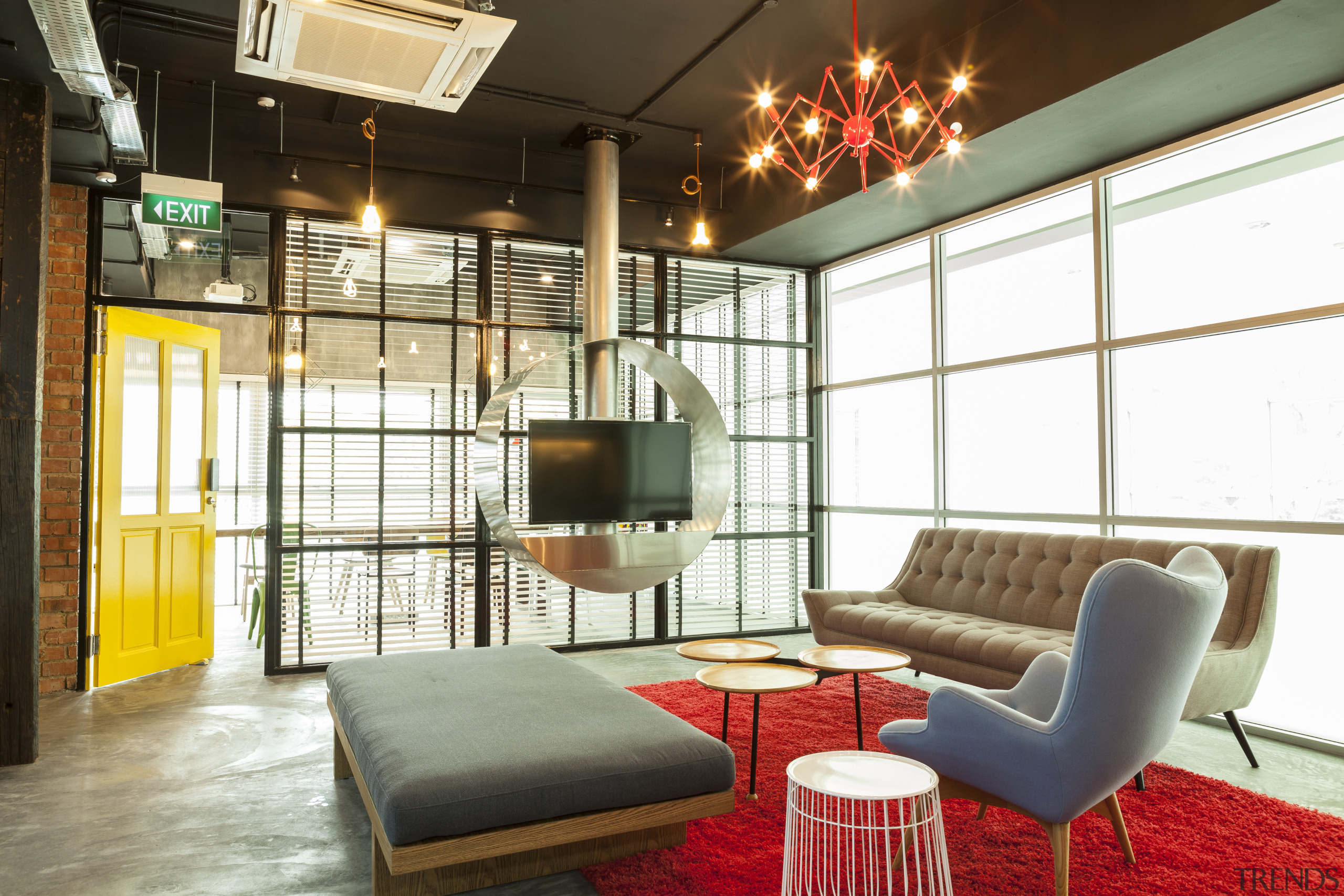 Warner Music - Vibrant hip workplace - Warner architecture, ceiling, interior design, living room, loft, real estate, white, brown