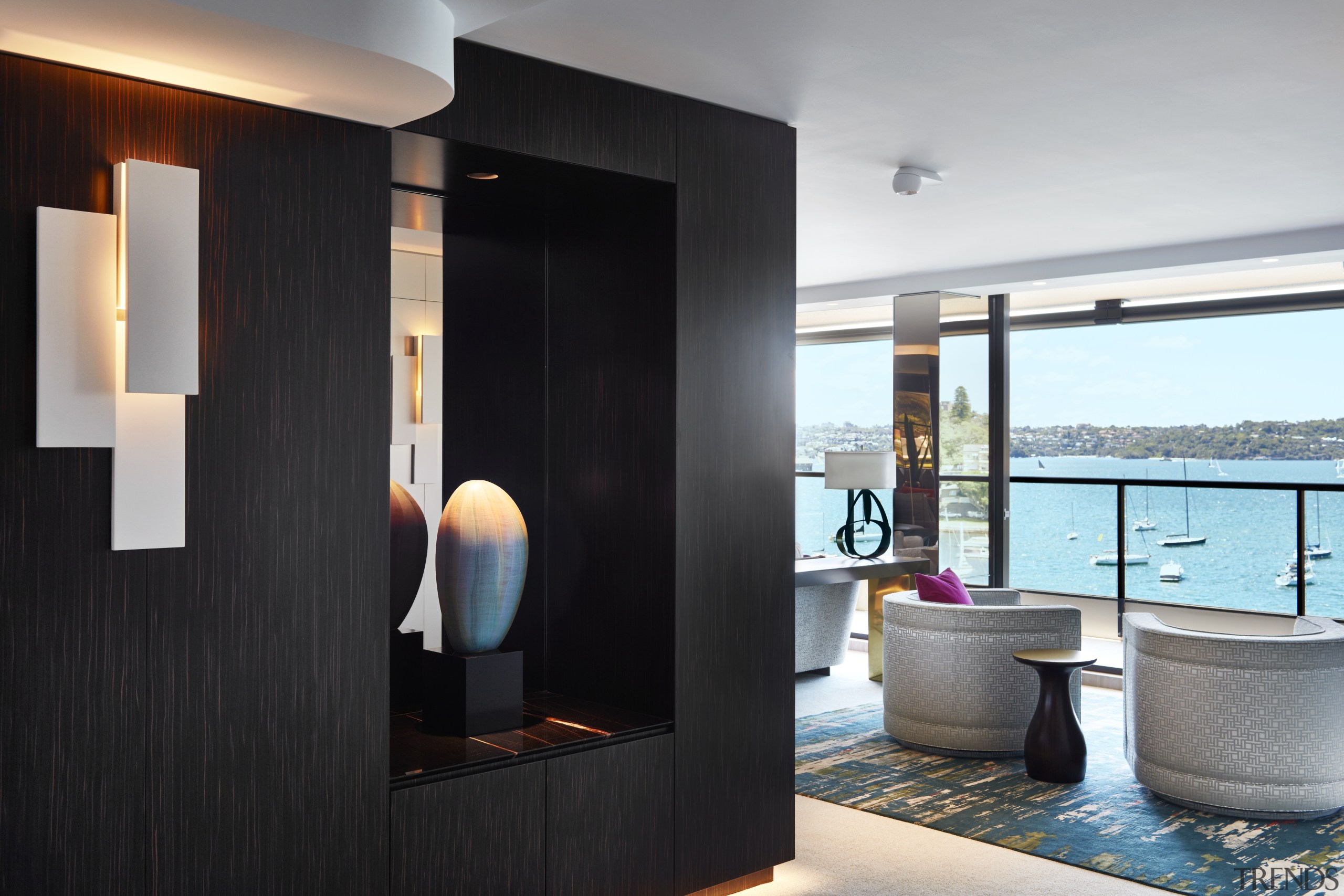 ​​​​​​​For this luxury apartment makeover, a veneered joinery architecture, flooring, furniture, home, apartment, interior design, lighting, tile, black, gray, Archer Design