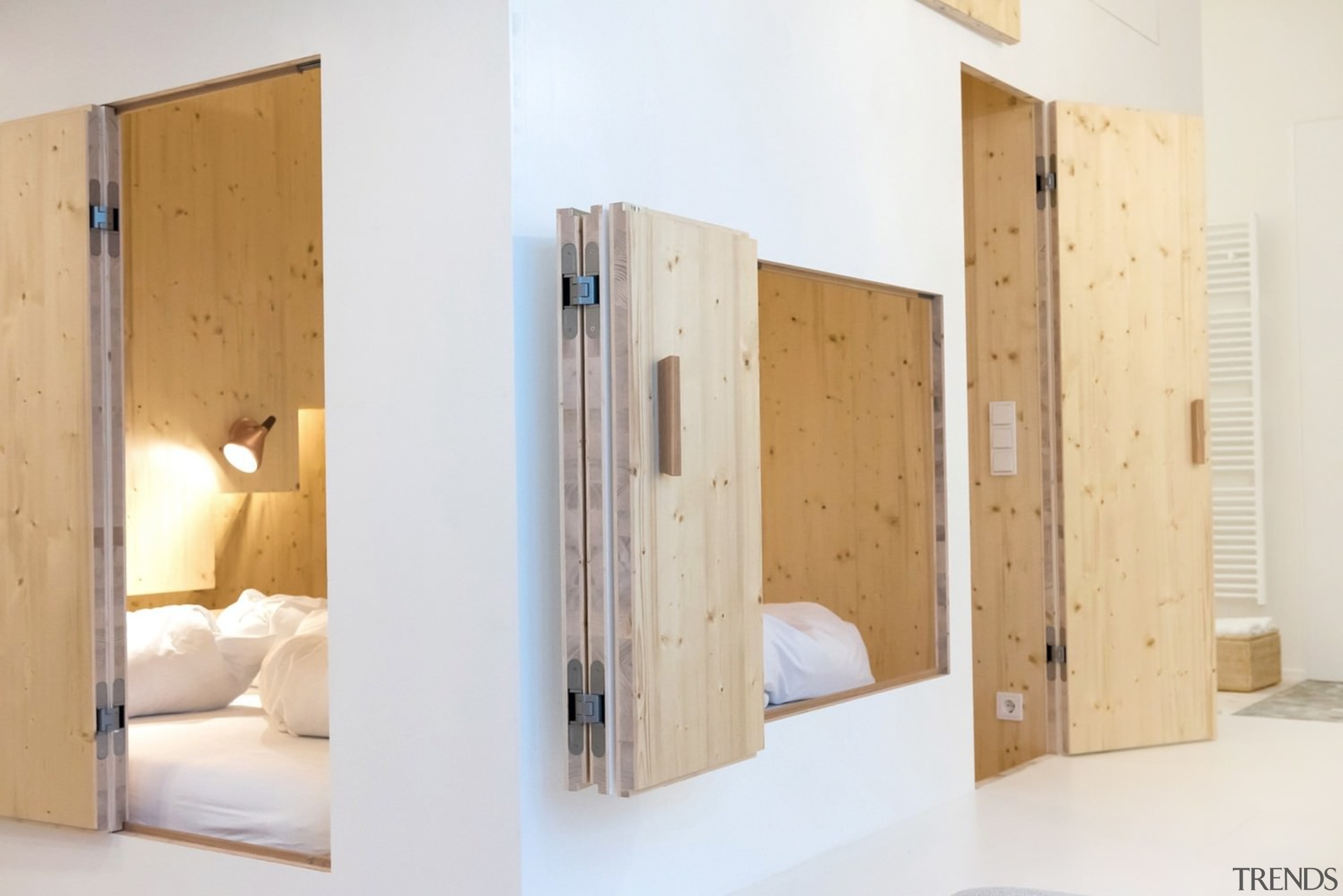 Architect: Sigurd LarsenPhotography by Rita Lino, James bed, door, furniture, product, product design, room, wall, wardrobe, wood, white, orange