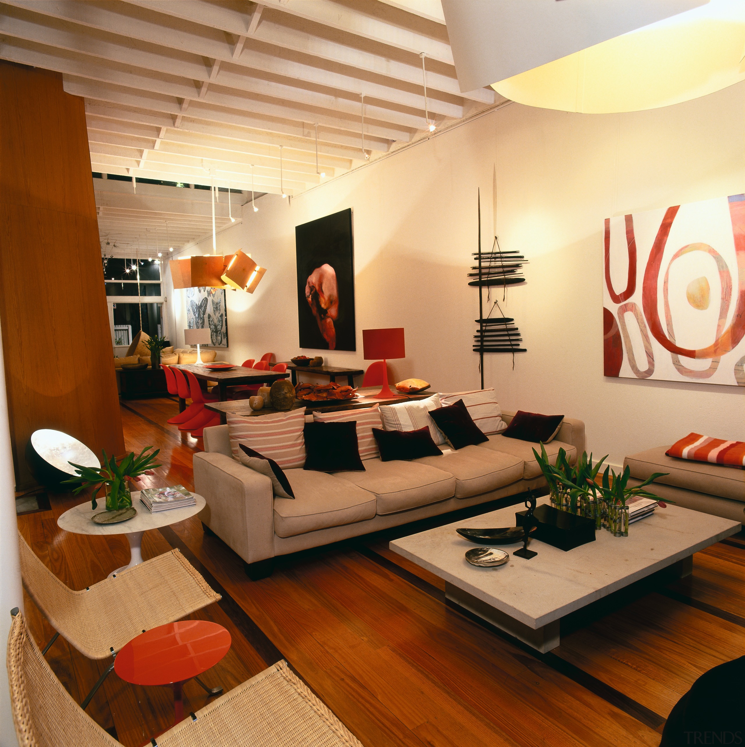 View of this lounge - View of this ceiling, interior design, living room, room, table, orange, brown