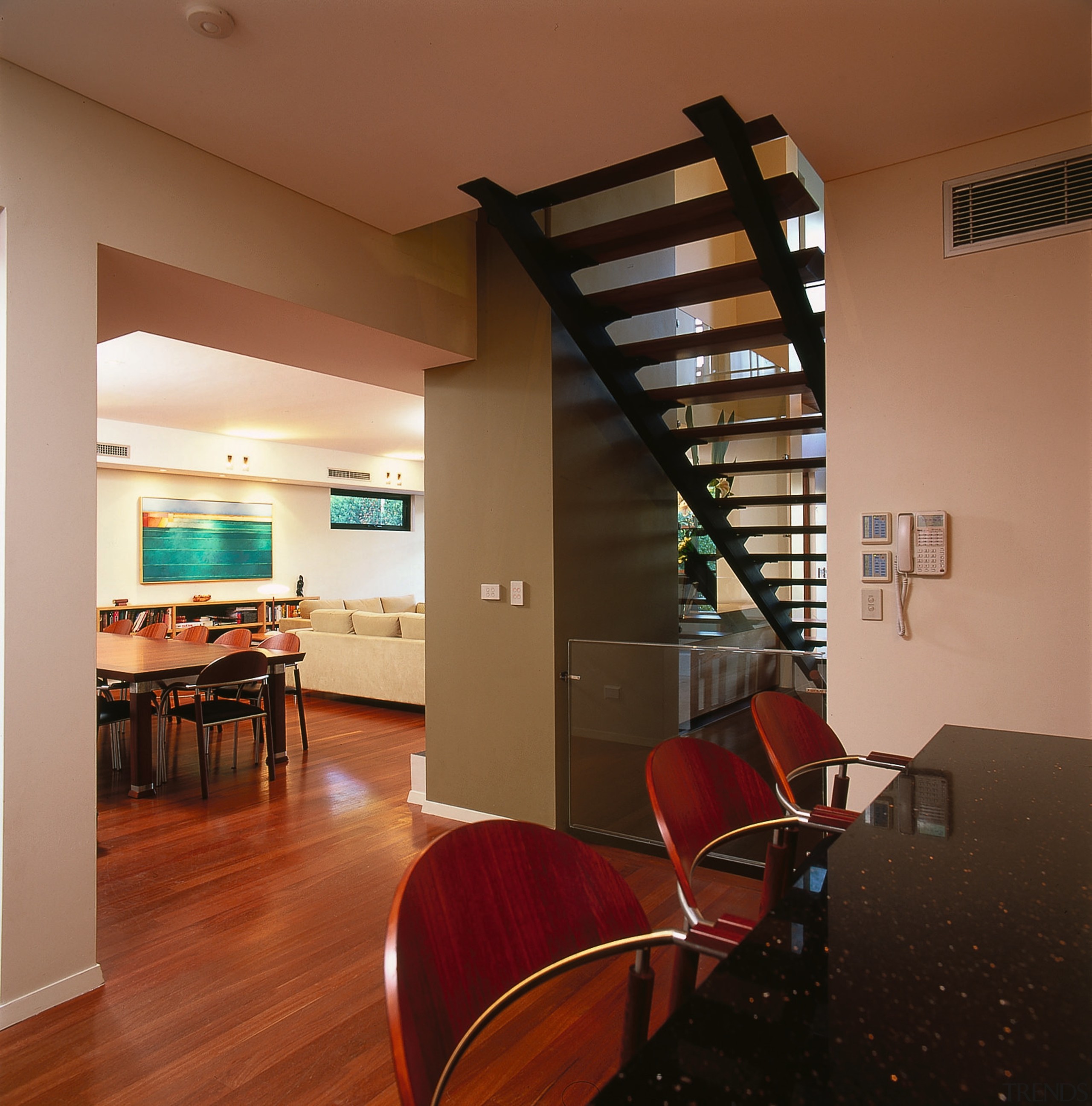 A view of the rear of the stairway, architecture, ceiling, floor, flooring, hardwood, home, interior design, living room, lobby, loft, real estate, room, stairs, wood, wood flooring, brown