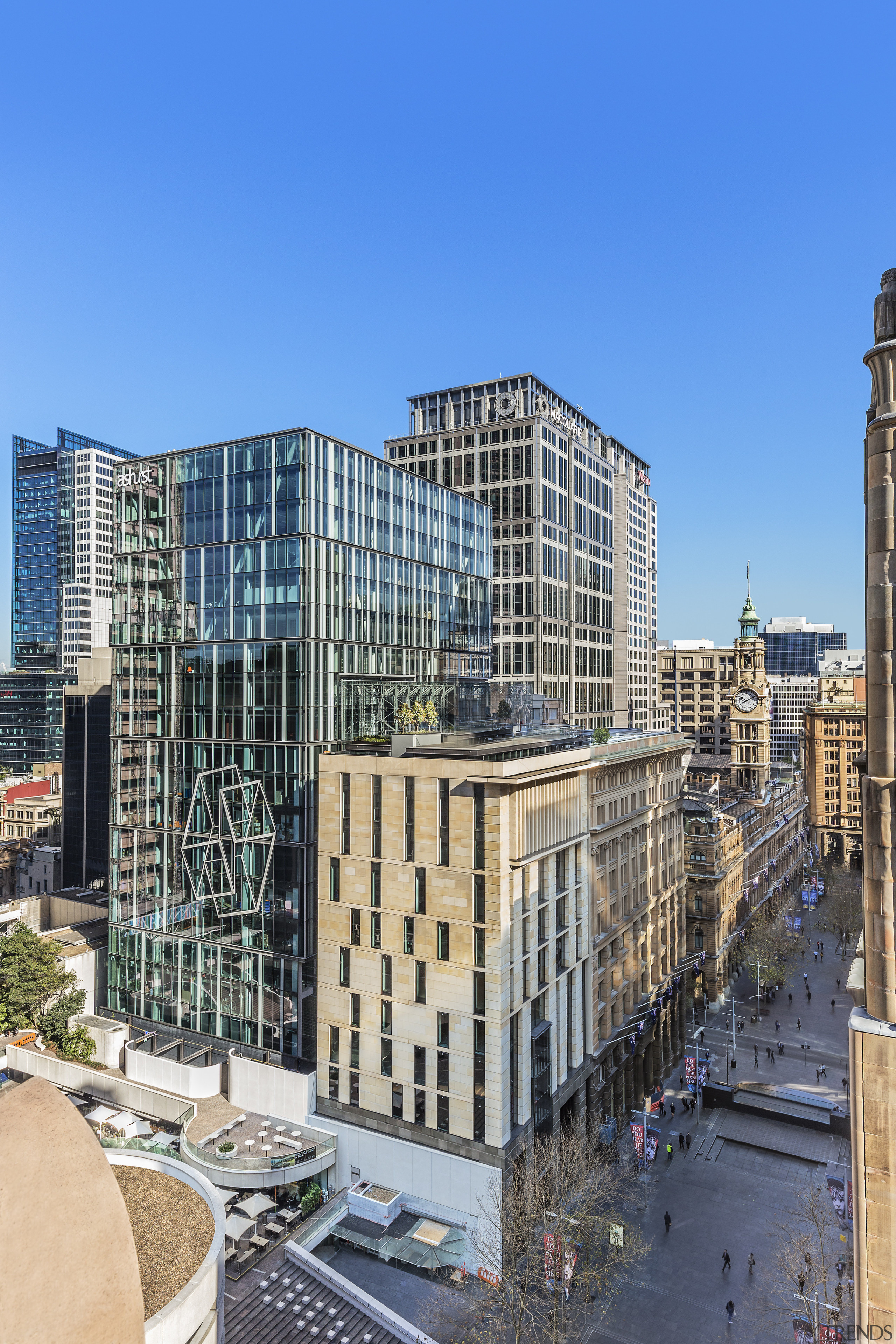 5 Martin Place represents a coming together of apartment, architecture, building, city, cityscape, condominium, corporate headquarters, daytime, downtown, facade, metropolis, metropolitan area, mixed use, neighbourhood, real estate, residential area, sky, skyline, skyscraper, tower block, urban area, urban design, window, teal