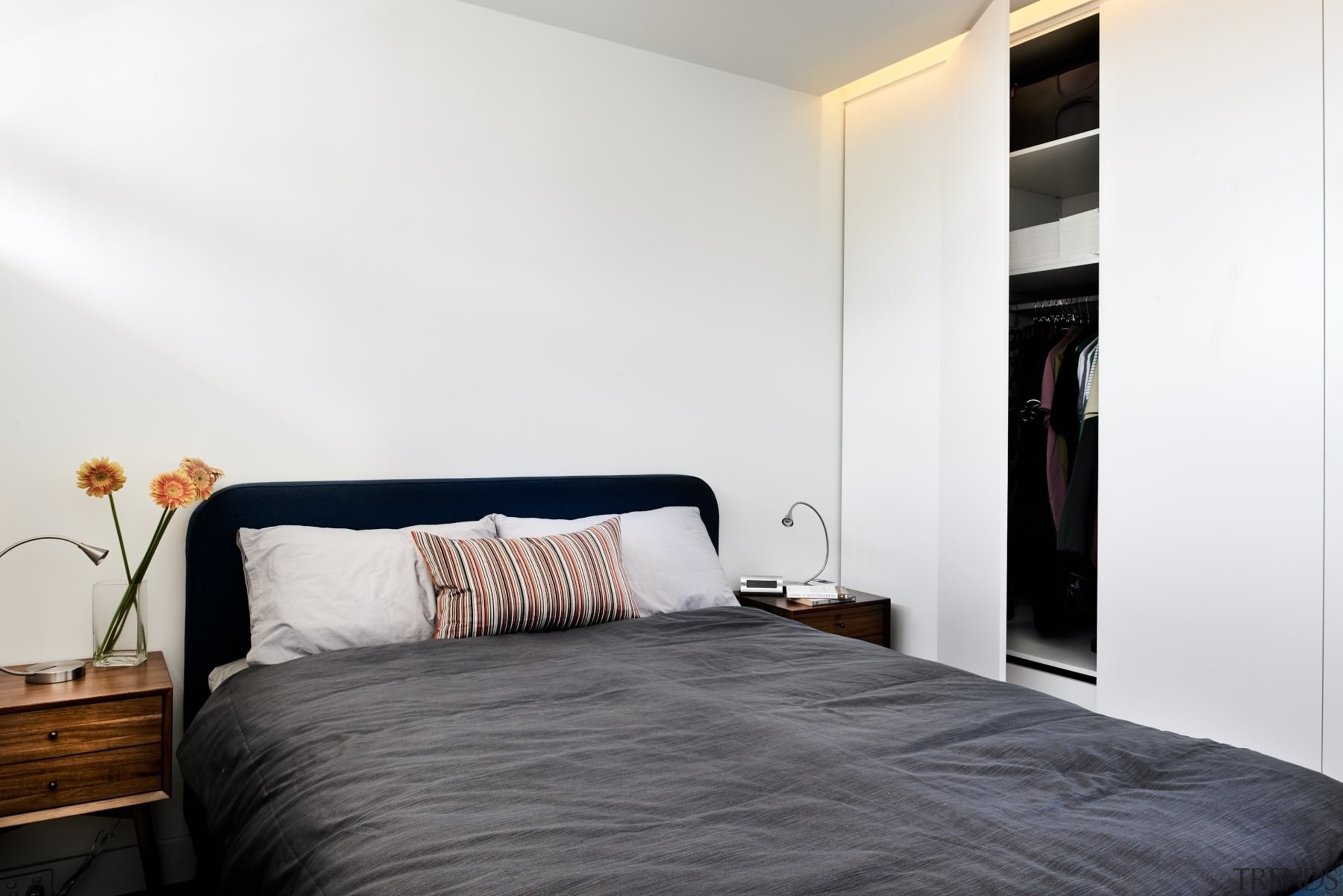 The bedroom features recessed lighting - The bedroom bed, bed frame, bedroom, floor, home, interior design, property, real estate, room, suite, wall, white
