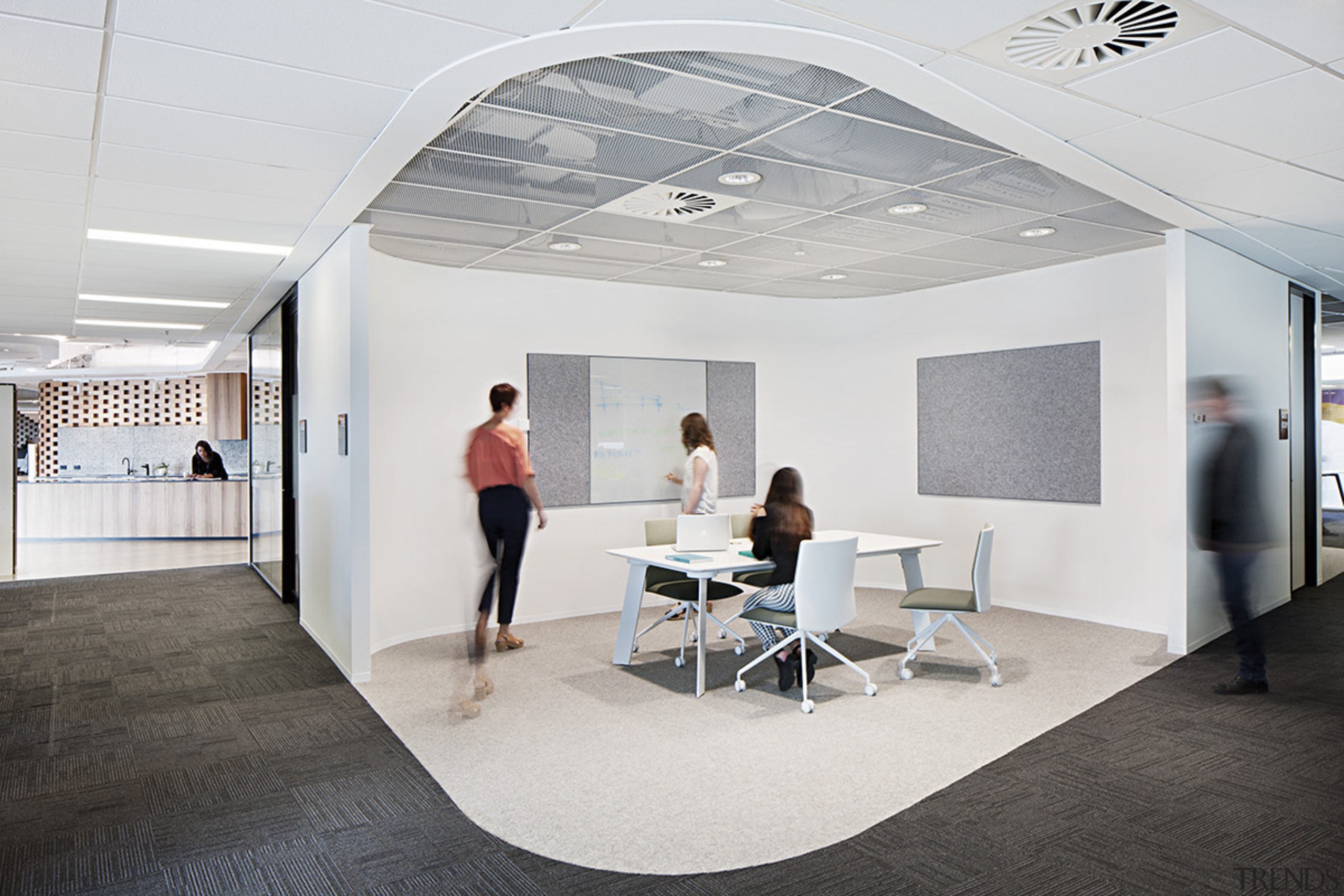 At ADCO Constructions’ new offices a white mesh, ceiling, floor, interior design, office, white