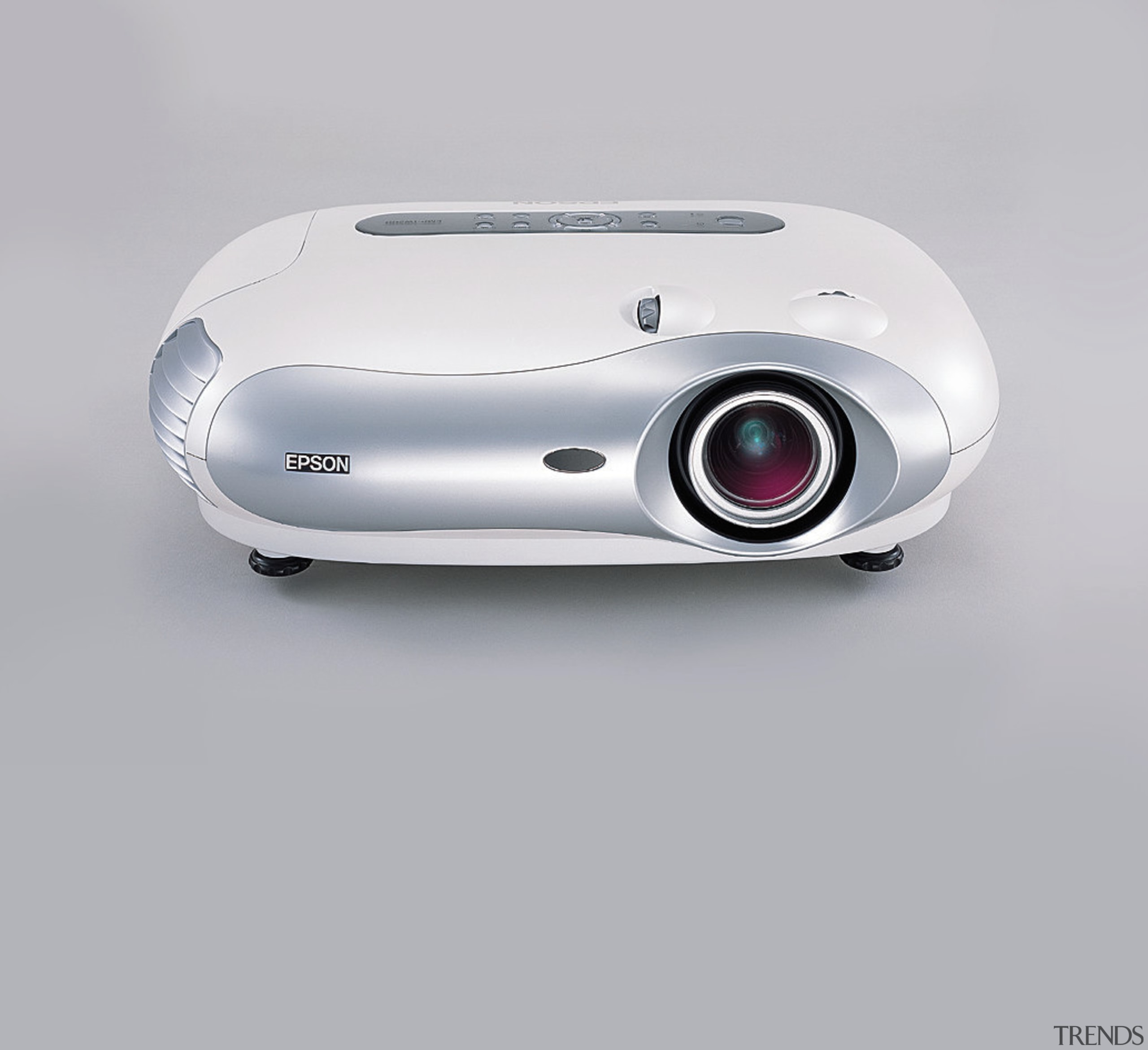 A photograph of an Epson projector - A automotive design, hardware, lcd projector, multimedia, output device, product, product design, projector, technology, gray