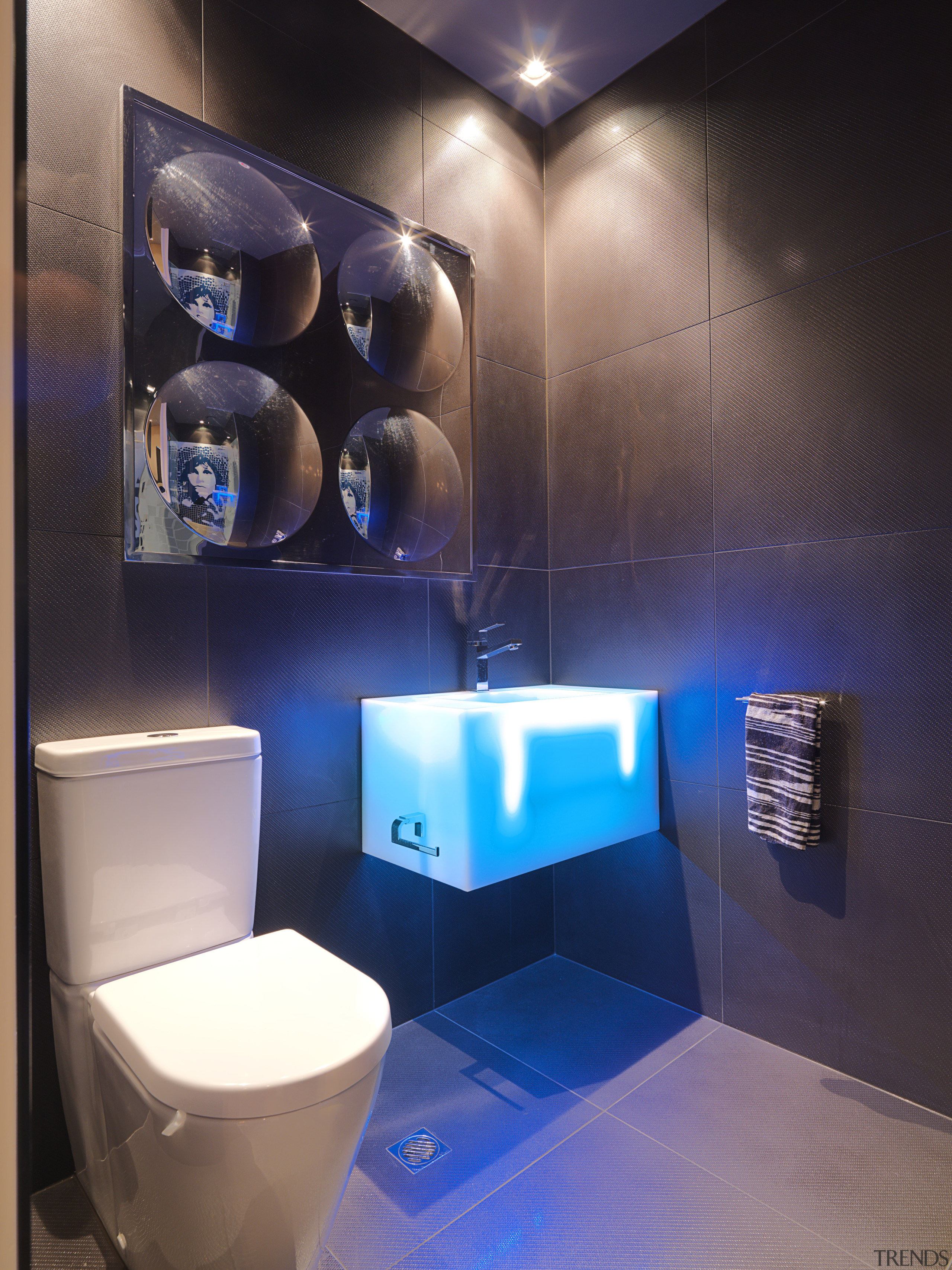 View of a themed bathroom with feature wall bathroom, blue, ceiling, interior design, lighting, room