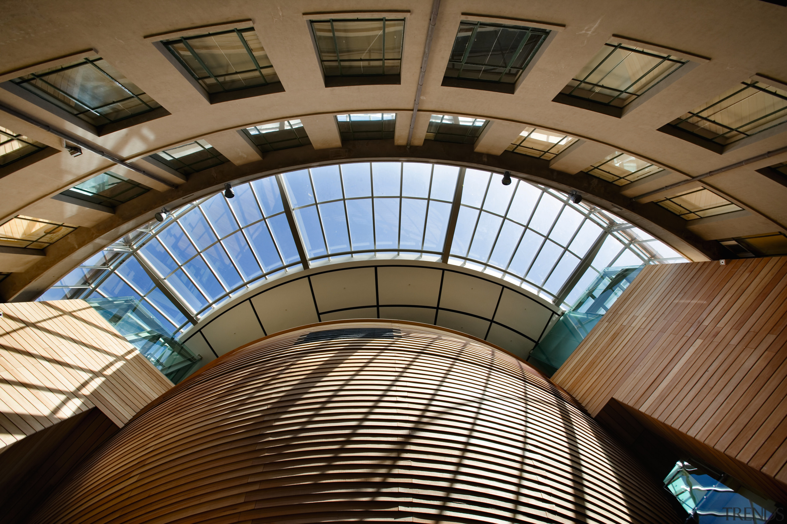 A view of the Firjian kauri clad bowl arch, architecture, building, ceiling, daylighting, daytime, line, roof, structure, symmetry, brown