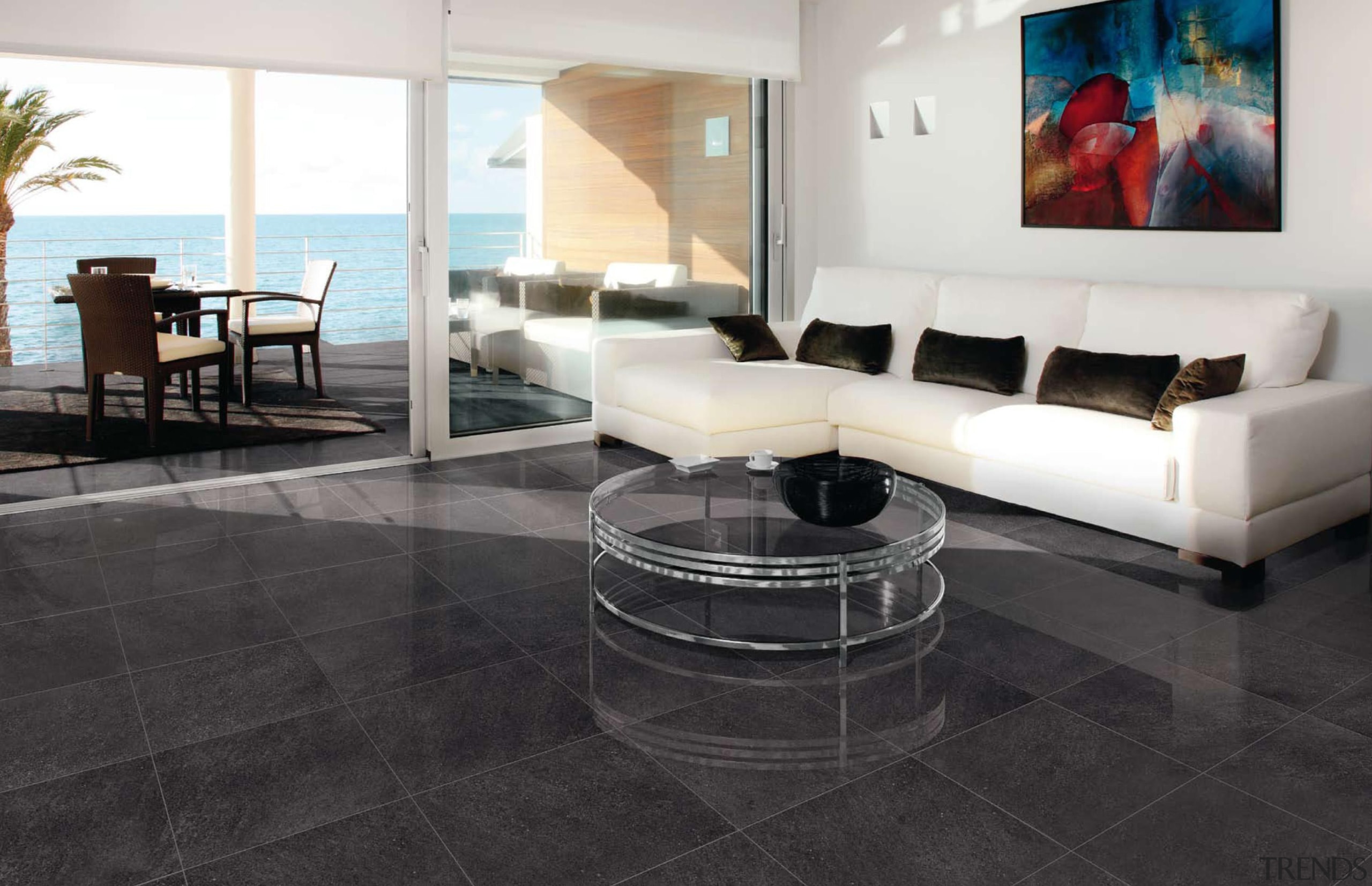 Anthracite lounge floor. - Riviera Range - coffee coffee table, floor, flooring, furniture, hardwood, interior design, laminate flooring, living room, property, real estate, table, tile, wood flooring, black, white