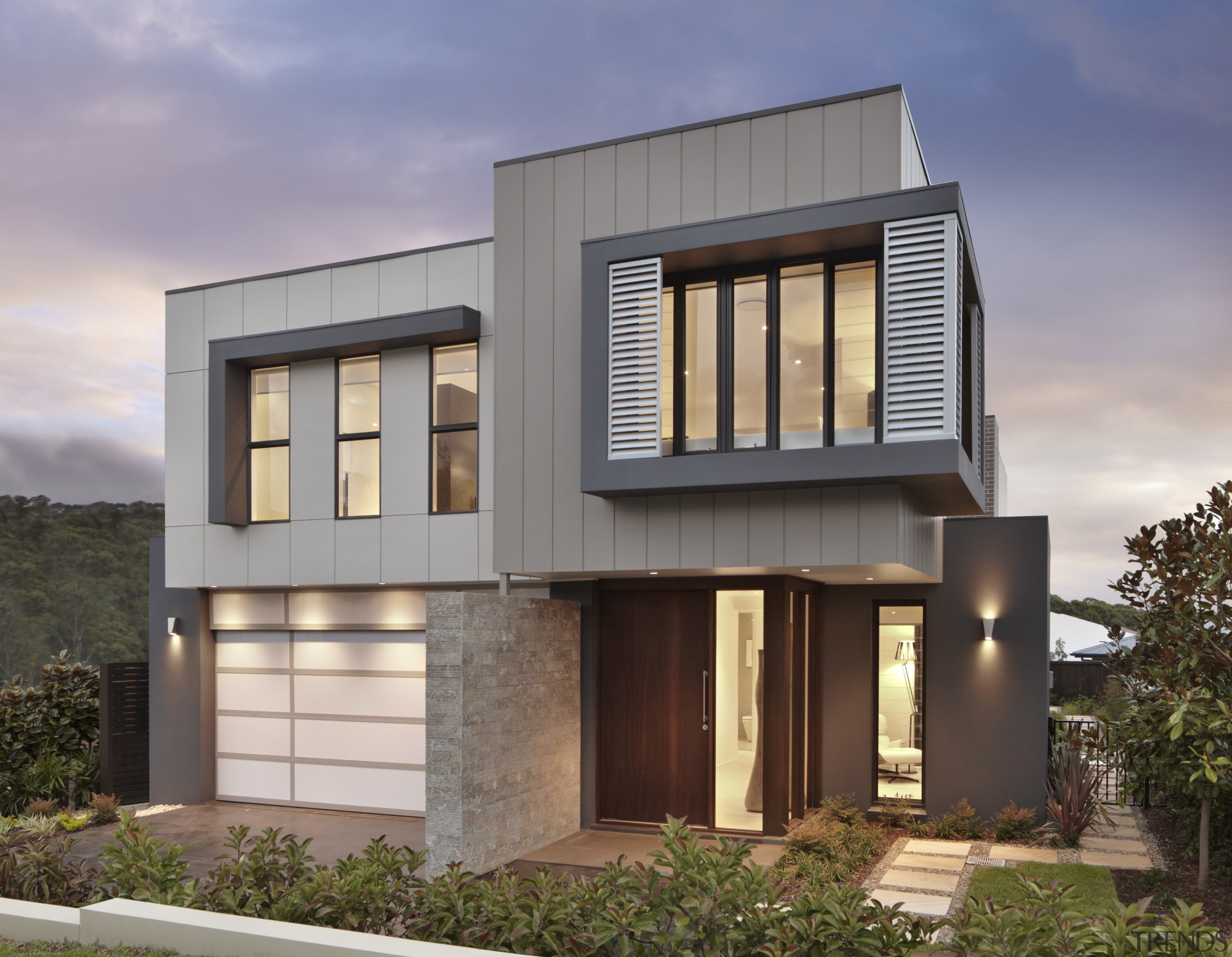 Exterior with grey cladding and front door with architecture, building, elevation, estate, facade, home, house, property, real estate, residential area, siding, window, gray, brown